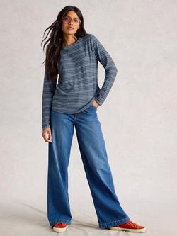 White Stuff Clara Round Neck Long Sleeve Cotton Blend Stitch Tee, Mid Blue