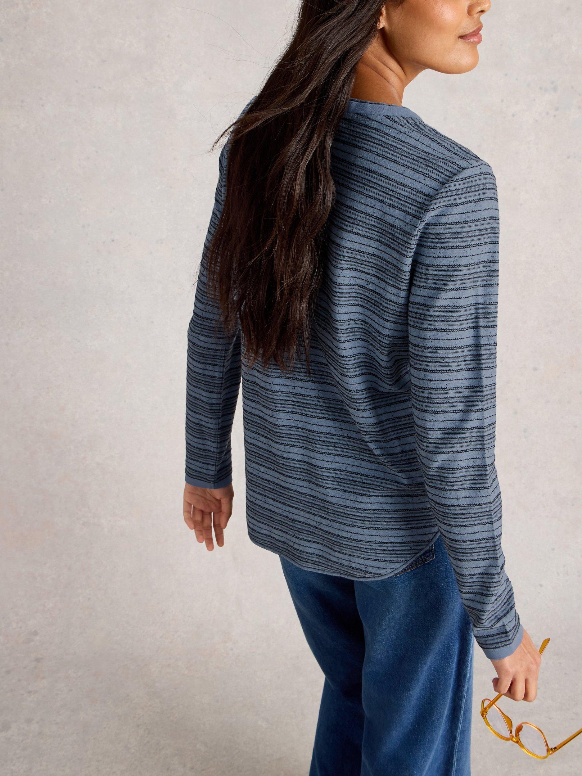 Product image 2 of 6, which shows White Stuff Clara Round Neck Long Sleeve Cotton Blend Stitch Tee, Mid Blue, 6