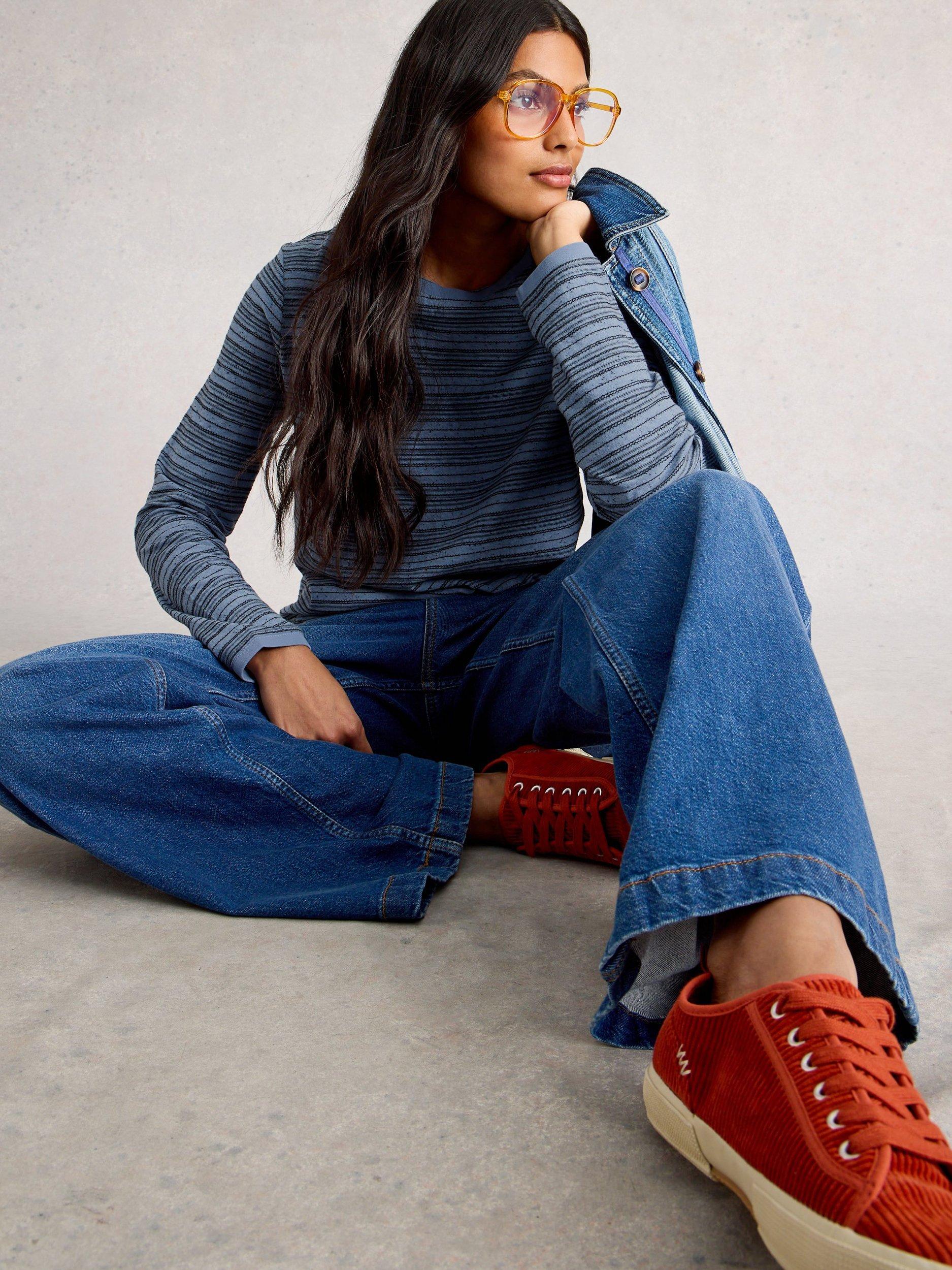 Product image 3 of 6, which shows White Stuff Clara Round Neck Long Sleeve Cotton Blend Stitch Tee, Mid Blue, 6