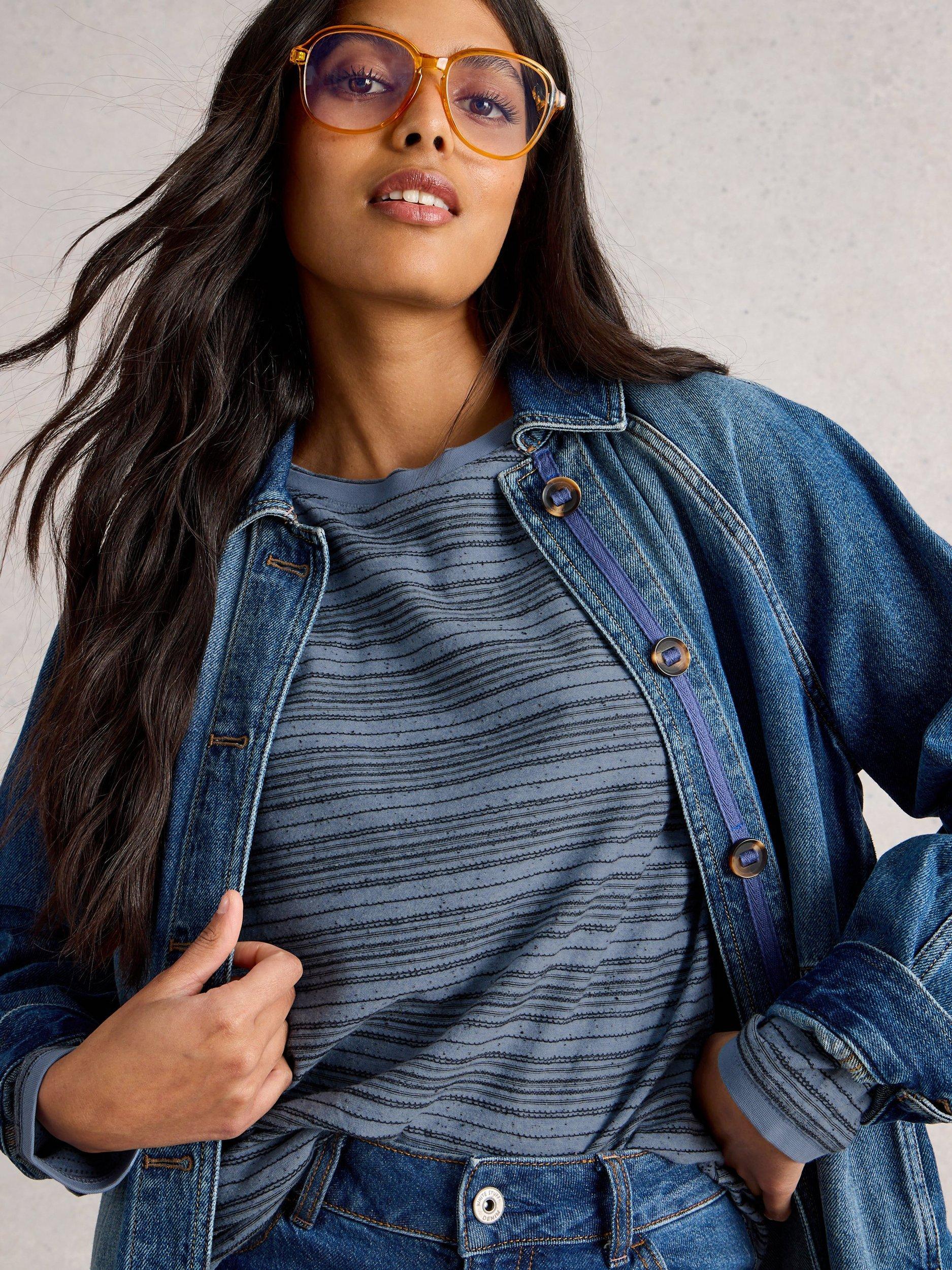 Product image 4 of 6, which shows White Stuff Clara Round Neck Long Sleeve Cotton Blend Stitch Tee, Mid Blue, 6