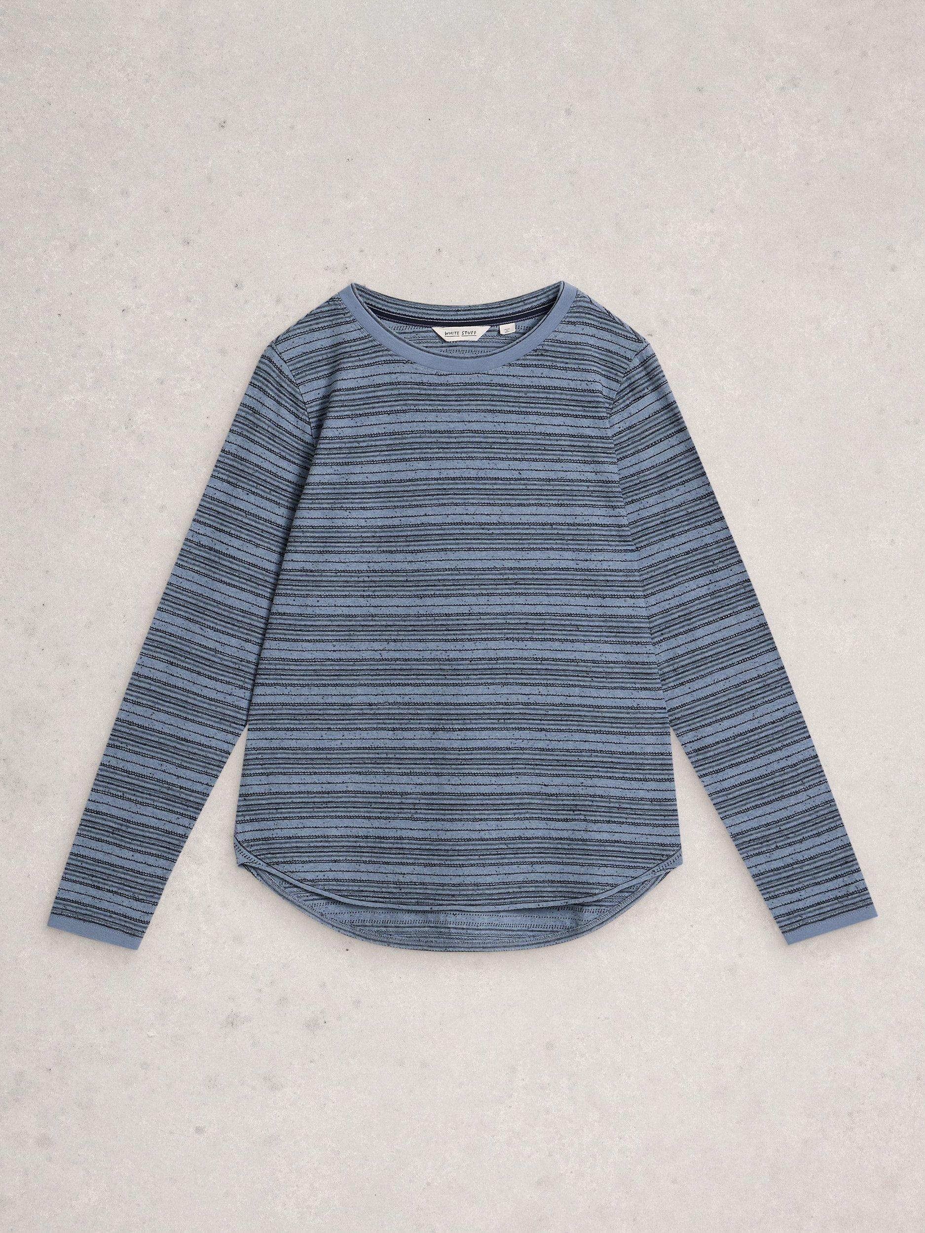 Product image 5 of 6, which shows White Stuff Clara Round Neck Long Sleeve Cotton Blend Stitch Tee, Mid Blue, 6