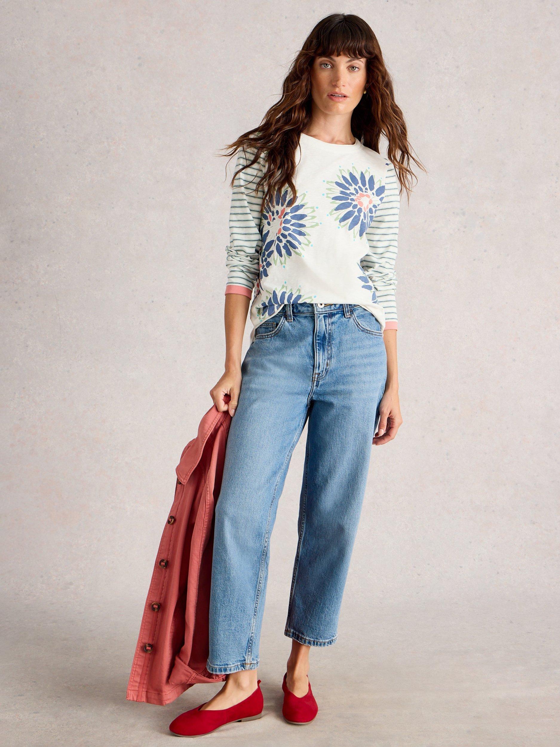 Product image 1 of 6, which shows White Stuff Clara Stripe Sleeve Floral Top, White/Multi, 6