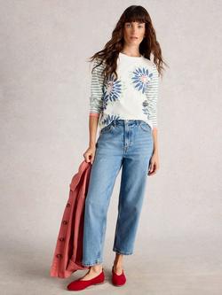 White Stuff Clara Stripe Sleeve Floral Top, White/Multi, White/Multi