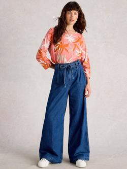 White Stuff Demi Cotton Leafy Print Top, Coral/Multi, Coral/Multi