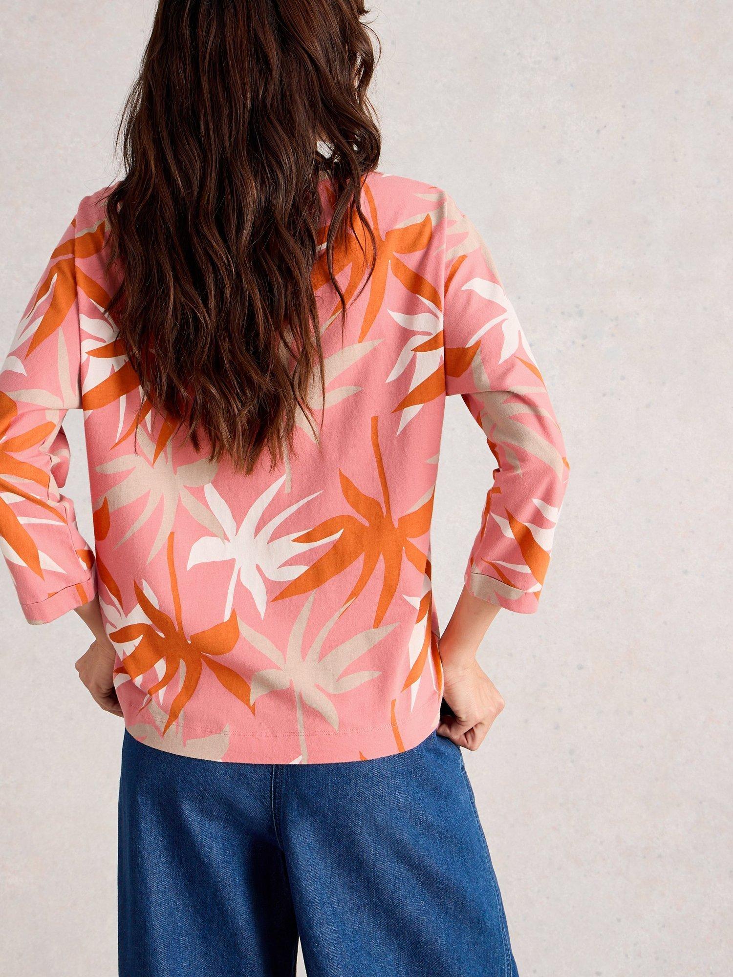 Product image 2 of 6, which shows White Stuff Demi Cotton Leafy Print Top, Coral/Multi, 8