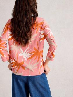 White Stuff Demi Cotton Leafy Print Top, Coral/Multi - view 2, Coral/Multi