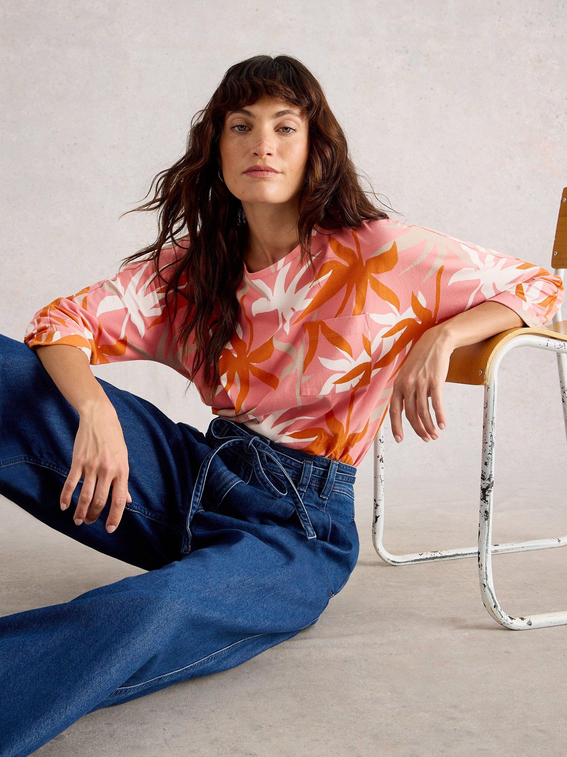 Product image 4 of 6, which shows White Stuff Demi Cotton Leafy Print Top, Coral/Multi, 8