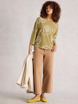 White Stuff Demi Cotton Floral Round Neck Top, Green