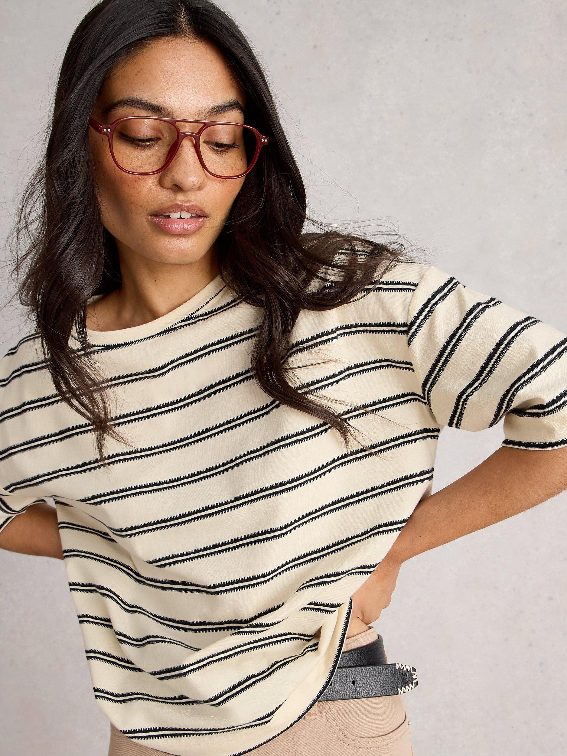 Product image 4 of 6, which shows White Stuff Katya Stripe Boxy T-Shirt, Ivory/Multi, 6