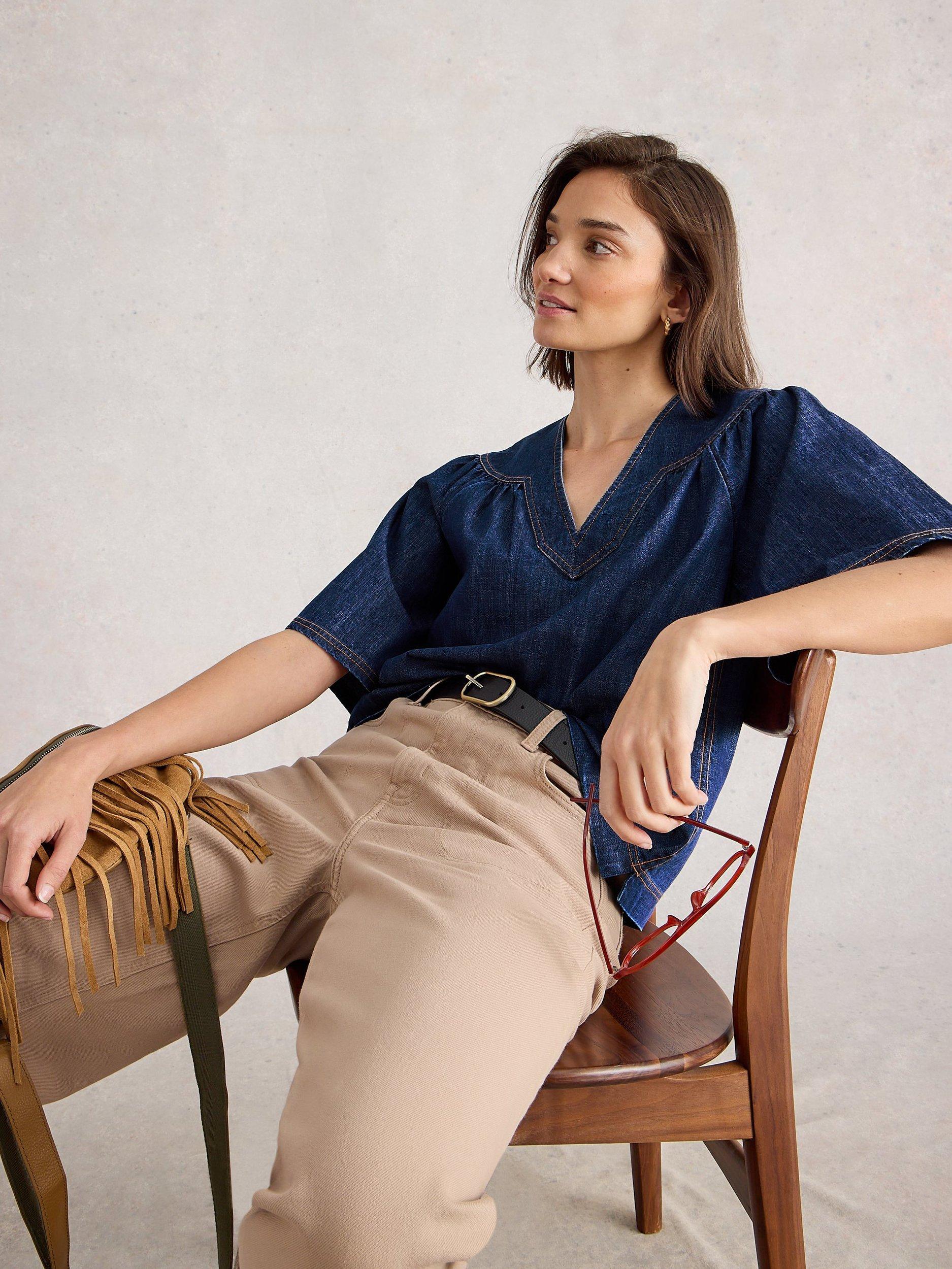 Product image 4 of 6, which shows White Stuff Leo Denim V-Neck Top, Dk Denim, 10