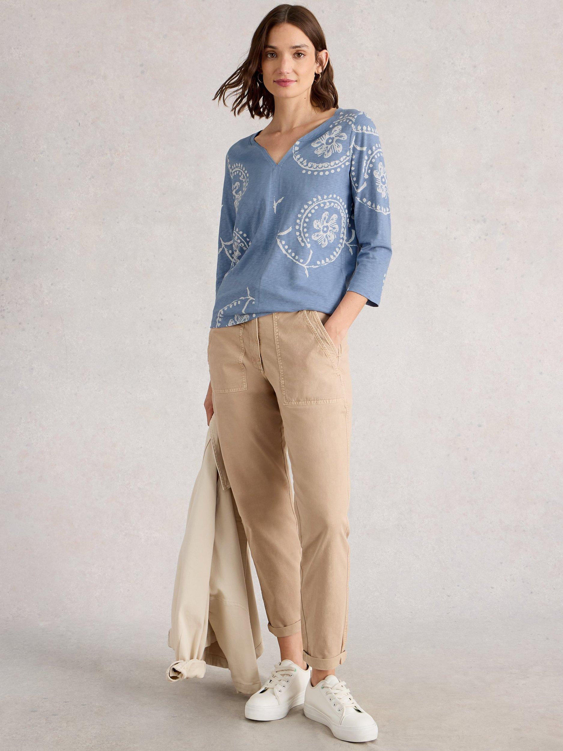 Product image 1 of 6, which shows White Stuff Nelly Contrast Print Cotton T-Shirt, Blue, 8