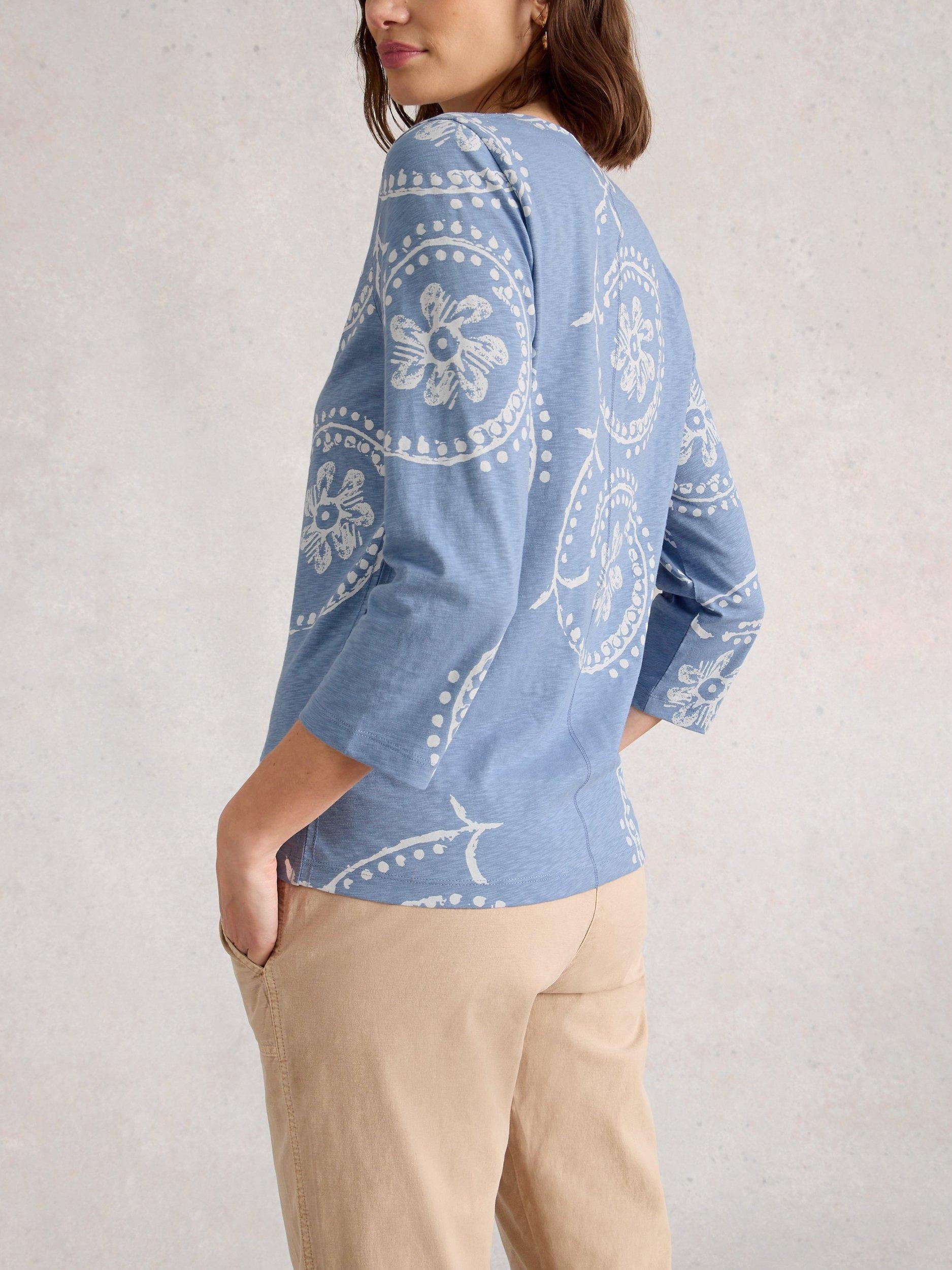 Product image 2 of 6, which shows White Stuff Nelly Contrast Print Cotton T-Shirt, Blue, 8