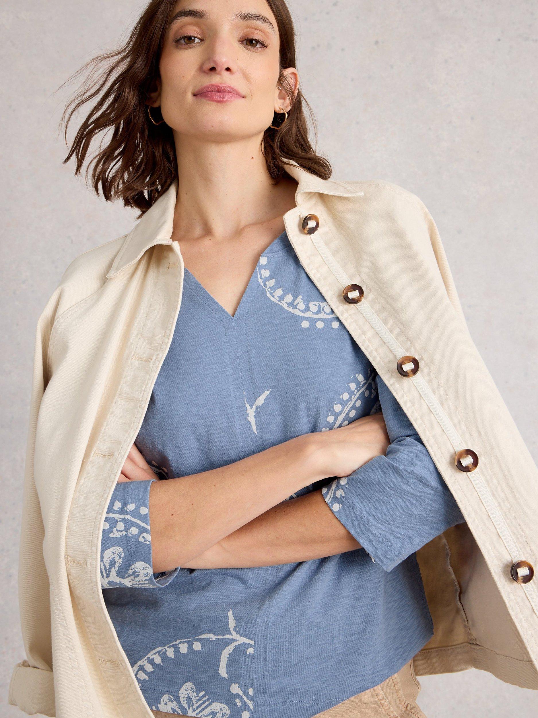 Product image 3 of 6, which shows White Stuff Nelly Contrast Print Cotton T-Shirt, Blue, 8