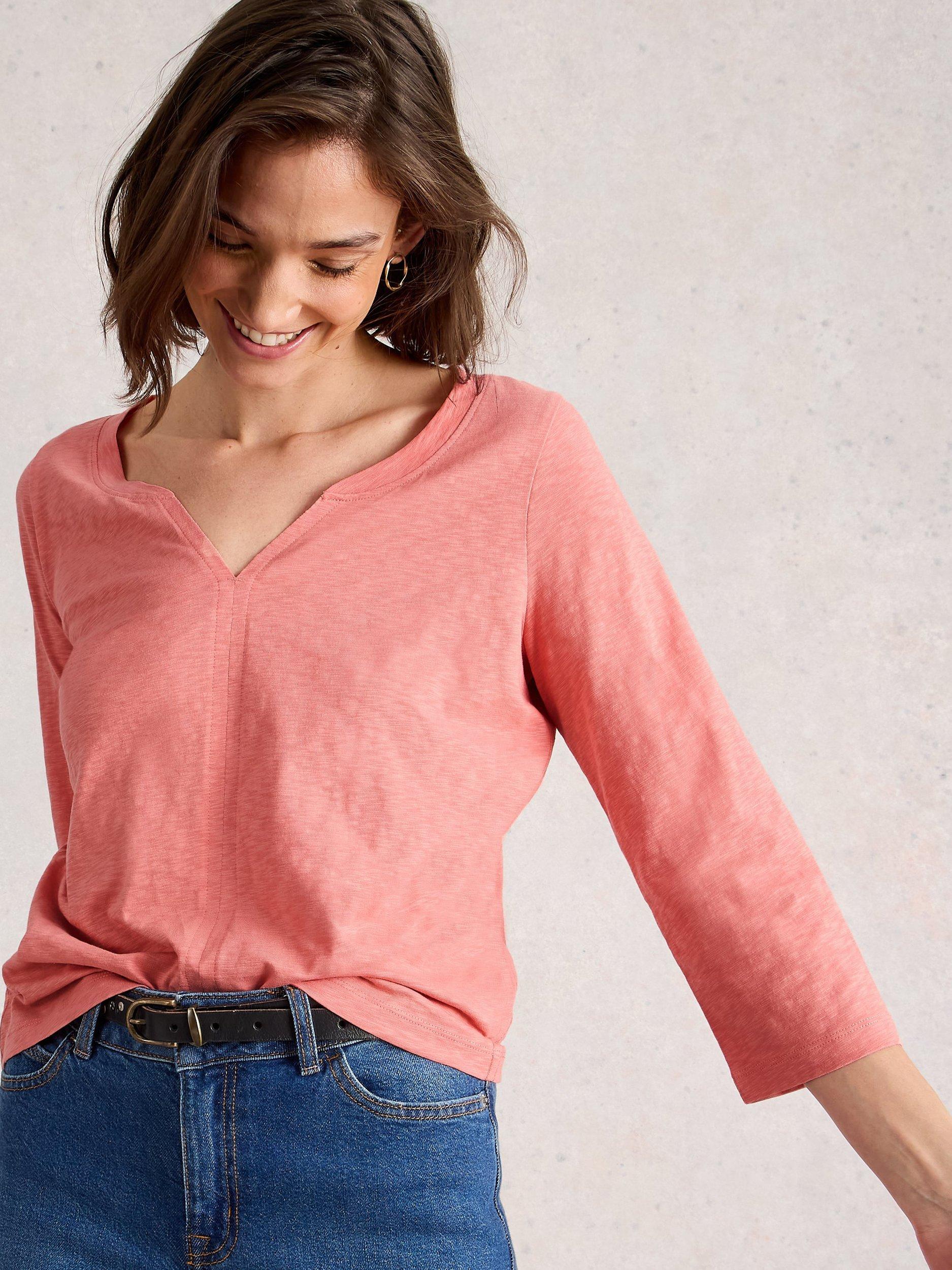 Product image 3 of 6, which shows White Stuff Nelly Cotton V-Neck T-Shirt, Mid Coral, 6