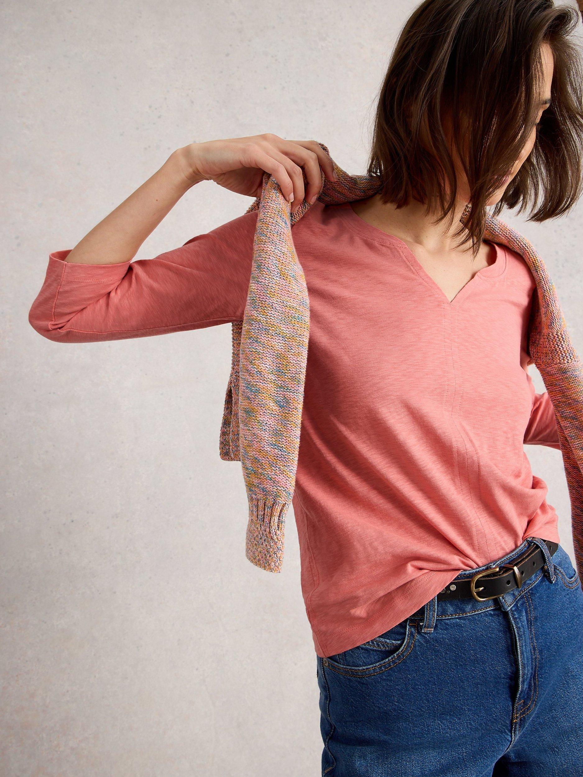 Product image 4 of 6, which shows White Stuff Nelly Cotton V-Neck T-Shirt, Mid Coral, 6