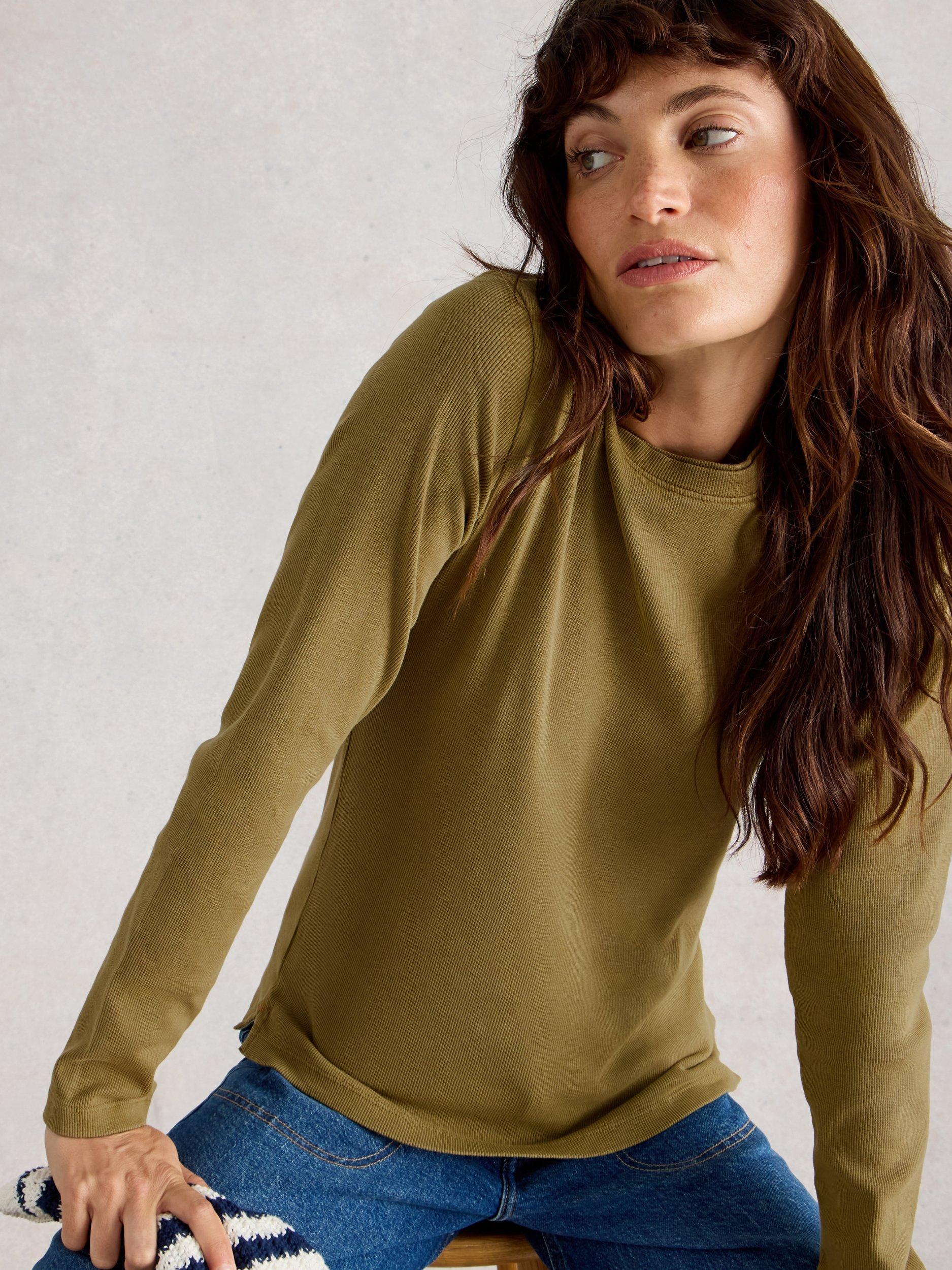 Product image 1 of 6, which shows White Stuff Sadie Ribbed Long Sleeve Top, Khaki Green, 14