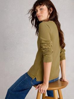 White Stuff Sadie Ribbed Long Sleeve Top, Khaki Green - view 2, Khaki Green
