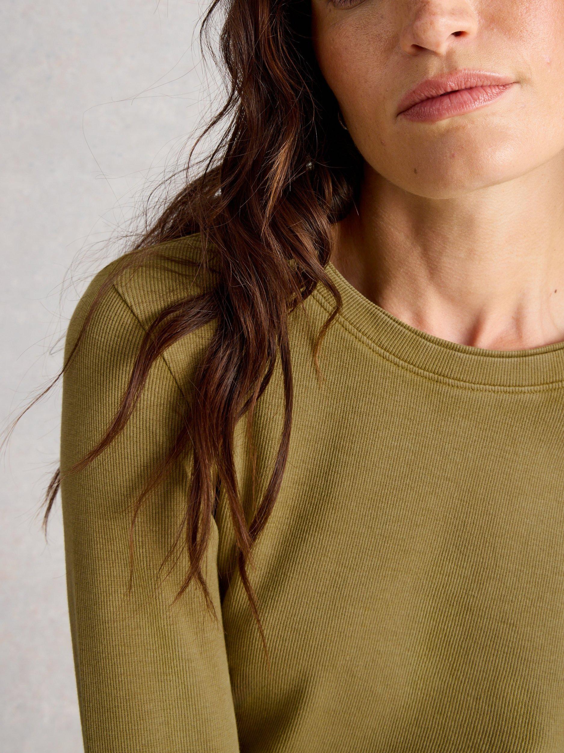Product image 3 of 6, which shows White Stuff Sadie Ribbed Long Sleeve Top, Khaki Green, 14