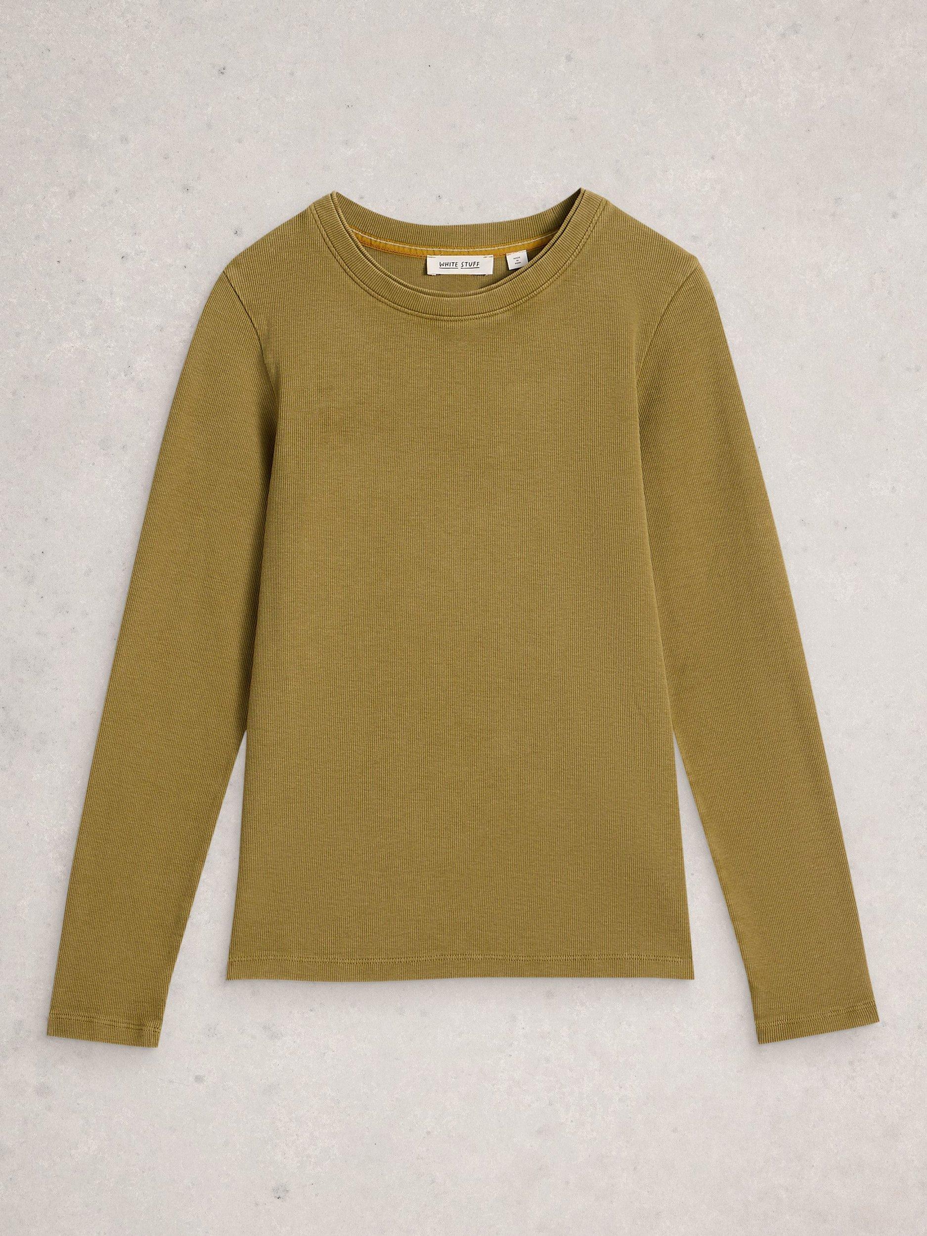 Product image 5 of 6, which shows White Stuff Sadie Ribbed Long Sleeve Top, Khaki Green, 14
