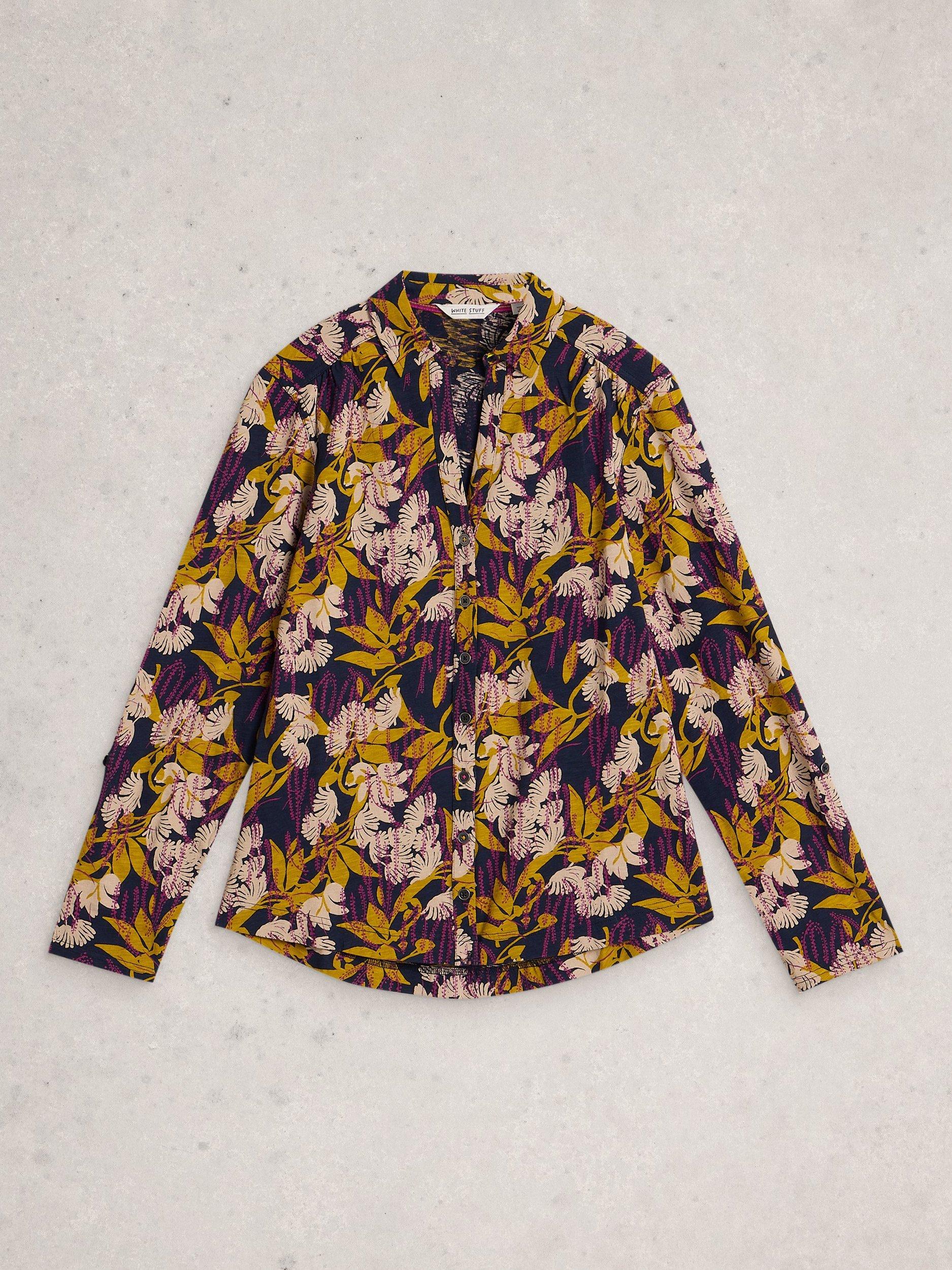 Product image 1 of 2, which shows White Stuff Annie Leaves Jersey Shirt, Navy/Multi, 6