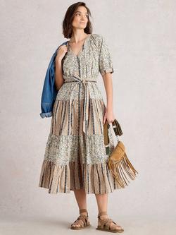 White Stuff Clementine Floral Stripe Tiered Midi Dress, Ivory/Multi, Ivory/Multi