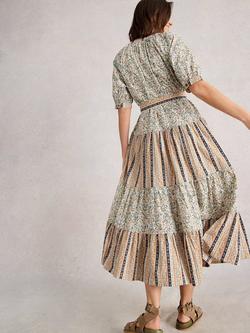 White Stuff Clementine Floral Stripe Tiered Midi Dress, Ivory/Multi - view 2, Ivory/Multi
