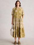 White Stuff Eva Organic Cotton Tiered Midi Dress, Green