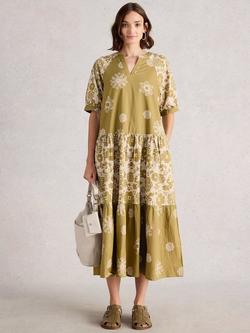 White Stuff Eva Organic Cotton Tiered Midi Dress, Green, Green