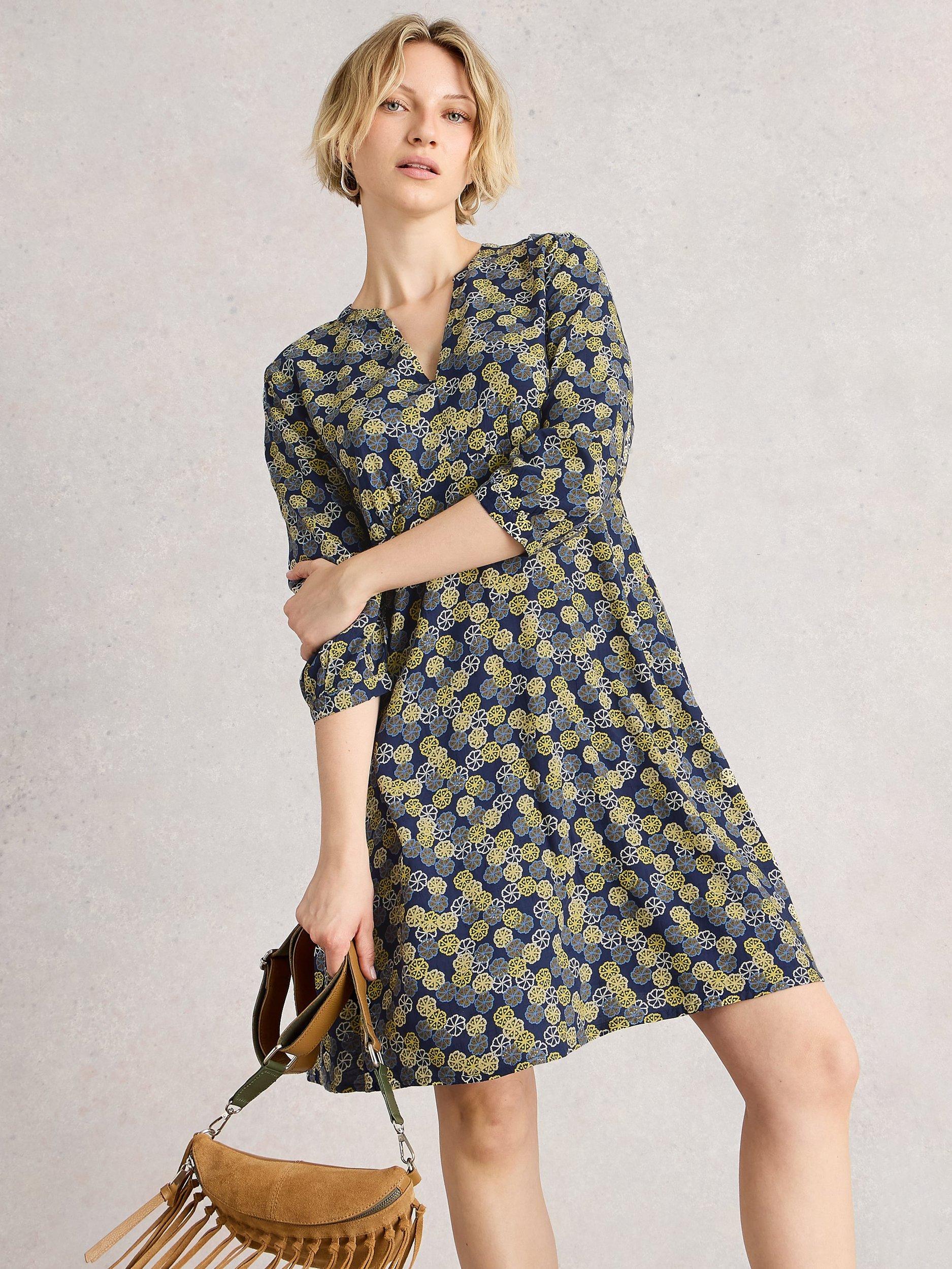 Product image 1 of 6, which shows White Stuff Frances Floral V-Neck Dress, Navy/Multi, 8