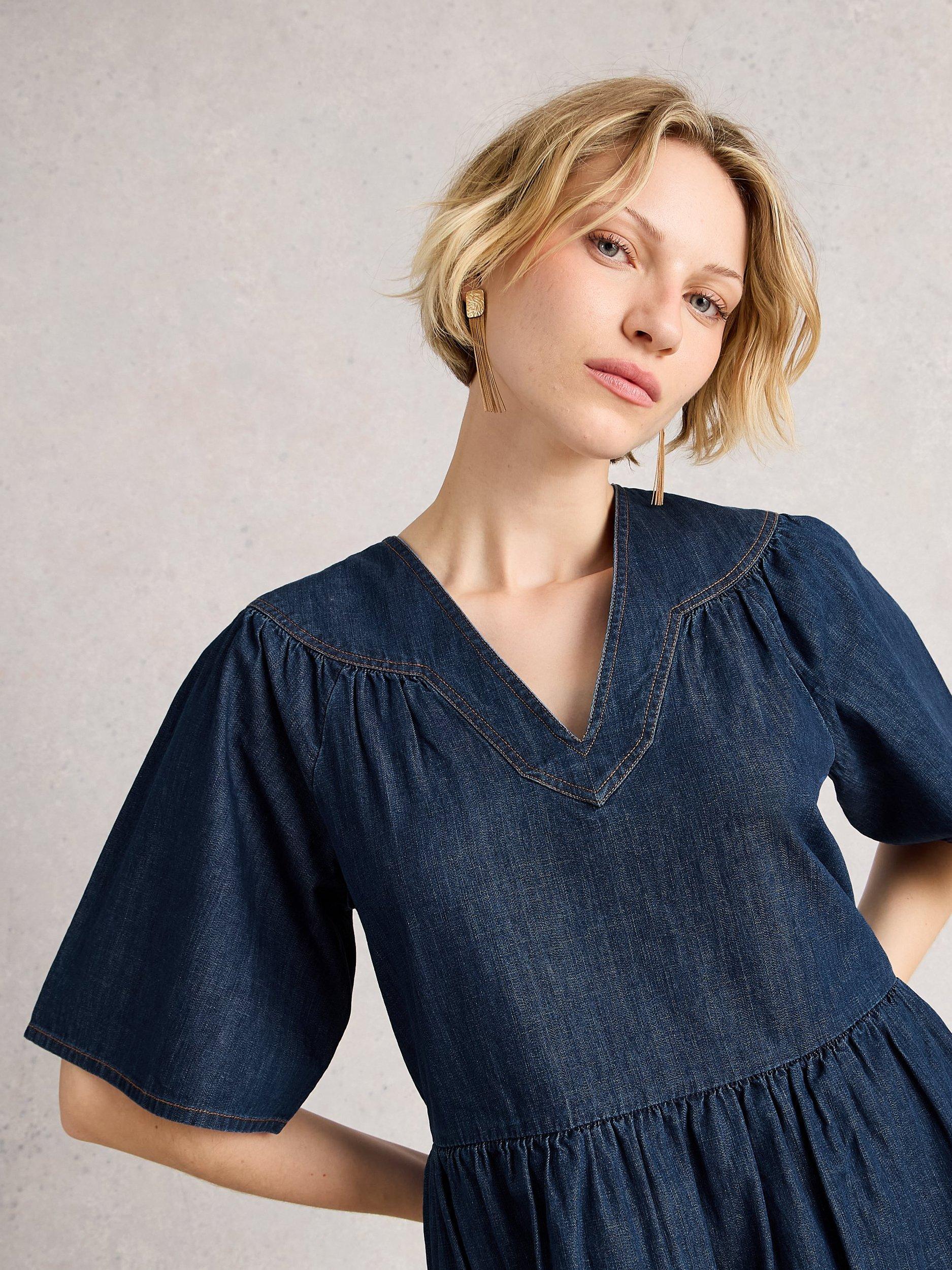 Product image 3 of 6, which shows White Stuff Leo Denim Flared Midi Dress, Dk Denim, 8