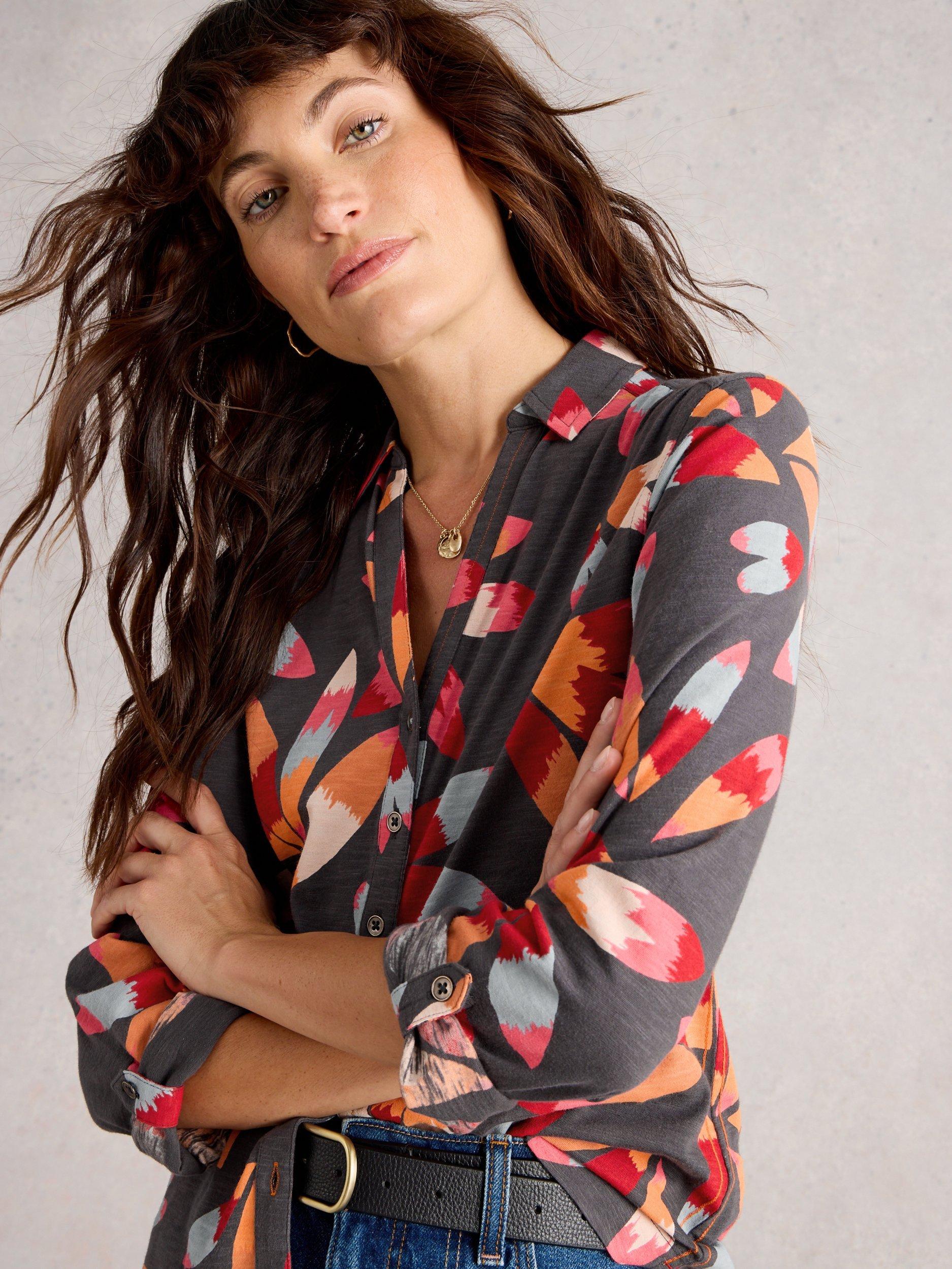 Product image 1 of 6, which shows White Stuff Annie Floral Jersey Shirt, Grey/Multi, 6