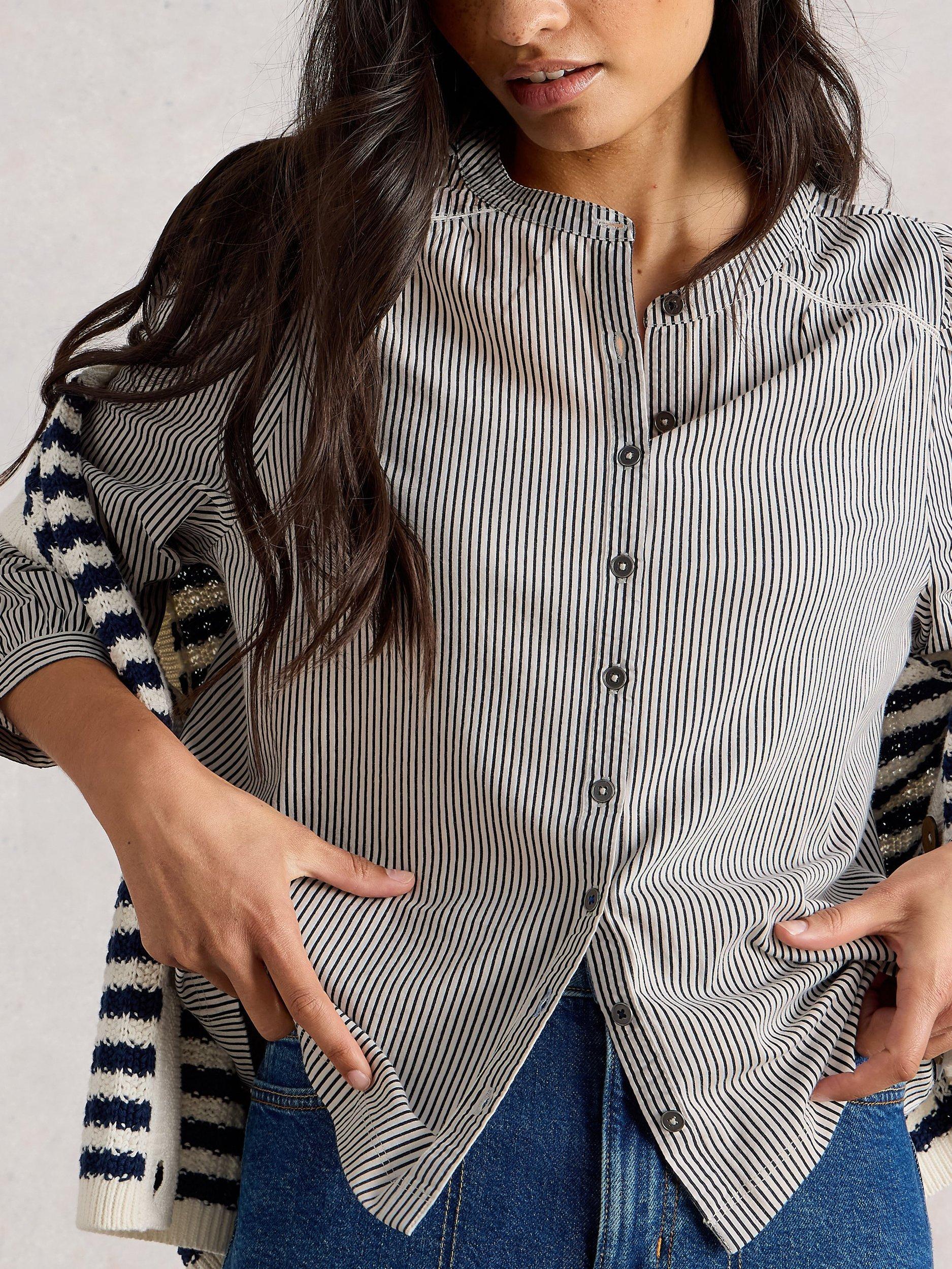 Product image 3 of 6, which shows White Stuff Stripe Balloon Sleeve Shirt, White/Multi, 20