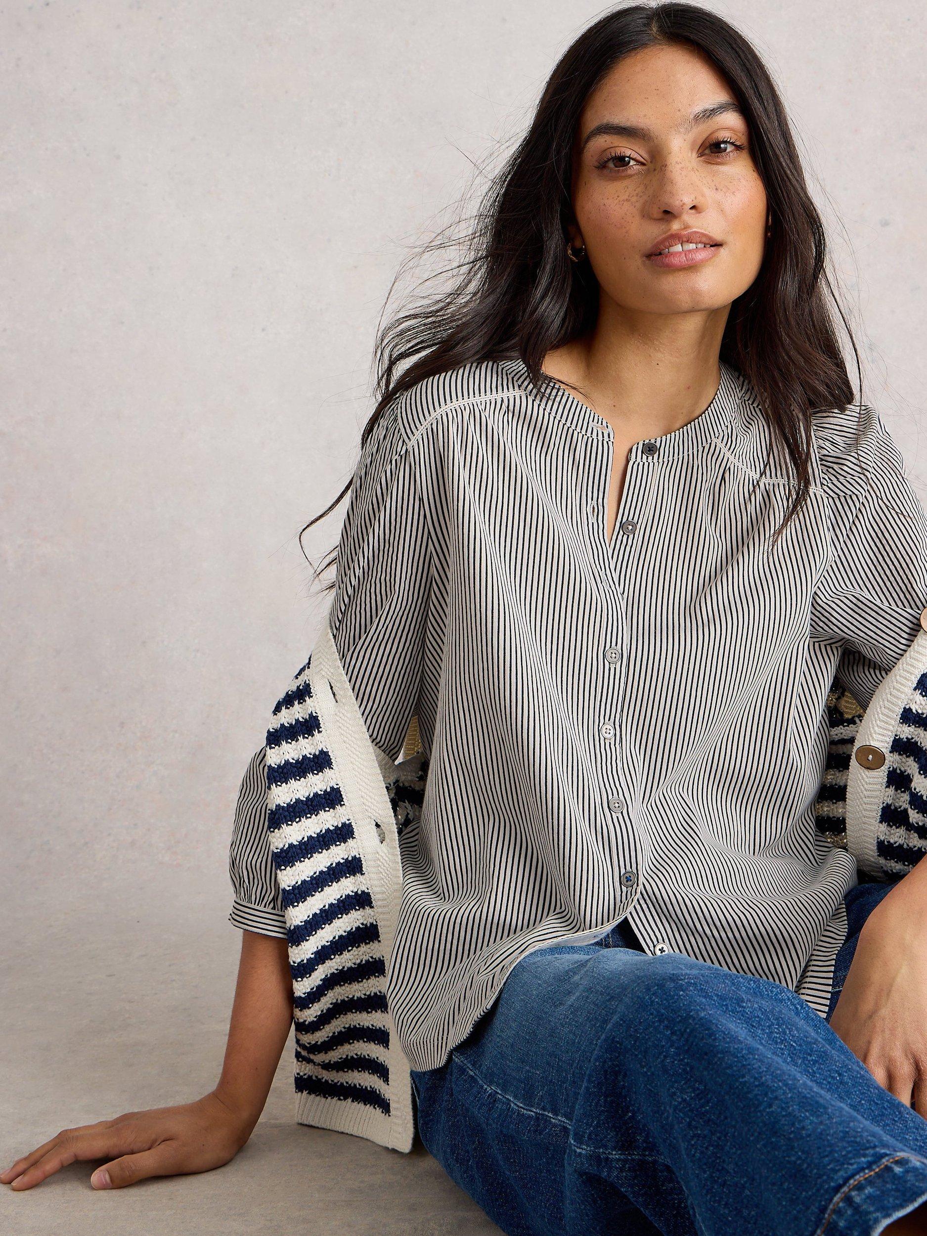 Product image 4 of 6, which shows White Stuff Stripe Balloon Sleeve Shirt, White/Multi, 20