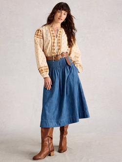 White Stuff Charlotte Organic Cotton Midi Skirt, Blue, Blue