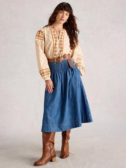 White Stuff Charlotte Organic Cotton Midi Skirt, Blue, Blue