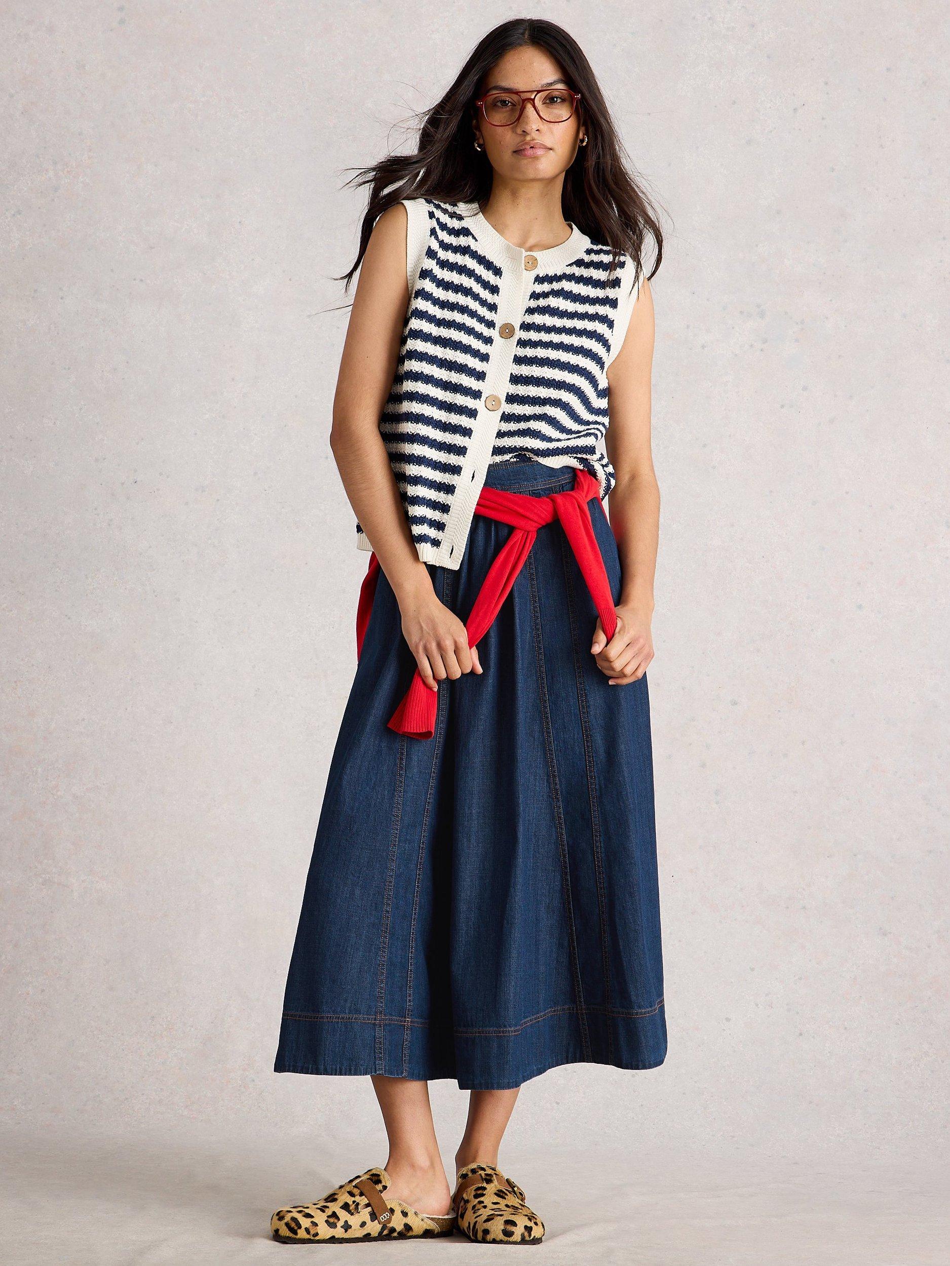 Product image 1 of 6, which shows White Stuff Leo Denim Midi Skirt, Dark Blue, 20