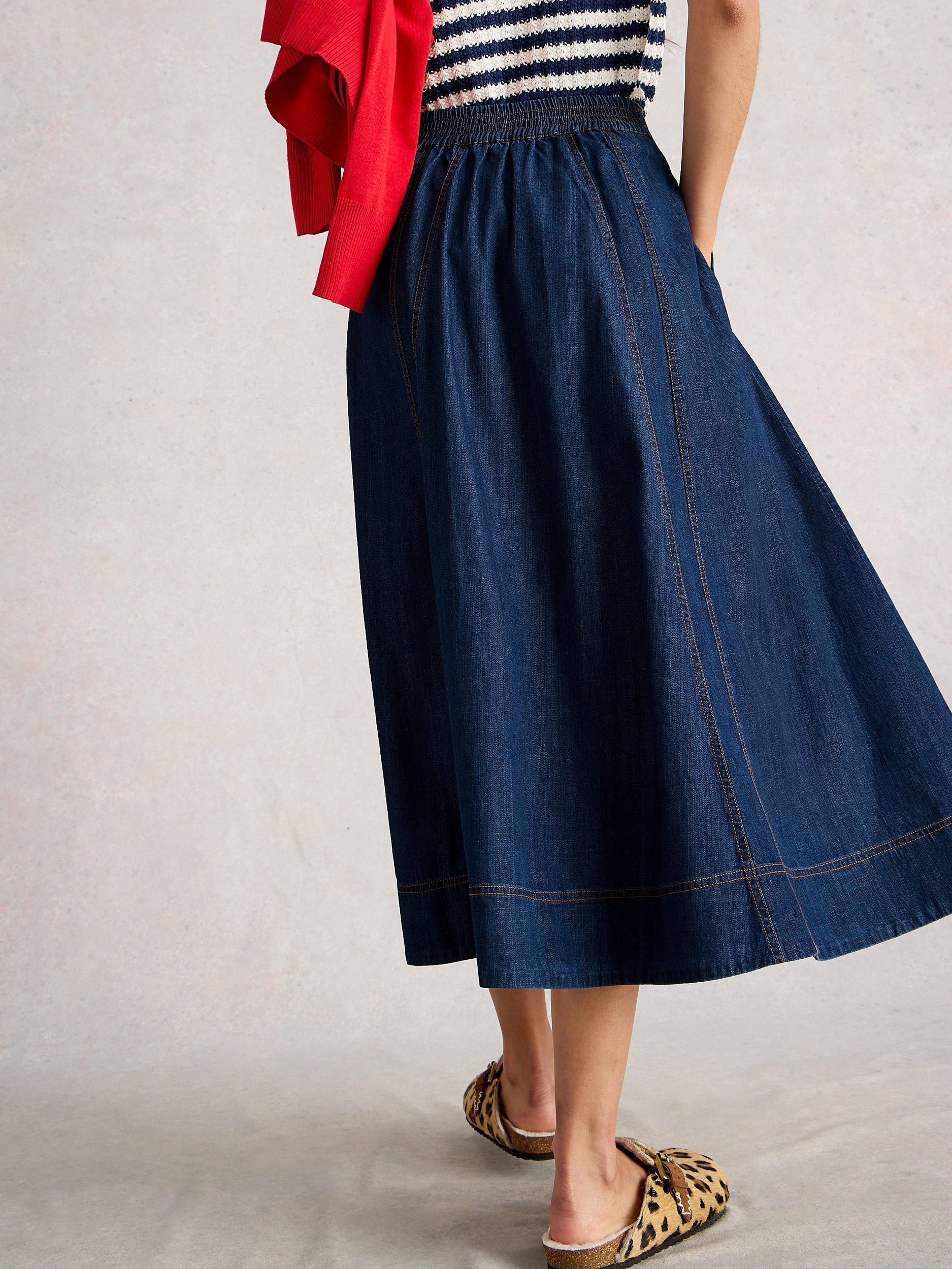 Product image 2 of 6, which shows White Stuff Leo Denim Midi Skirt, Dark Blue, 20