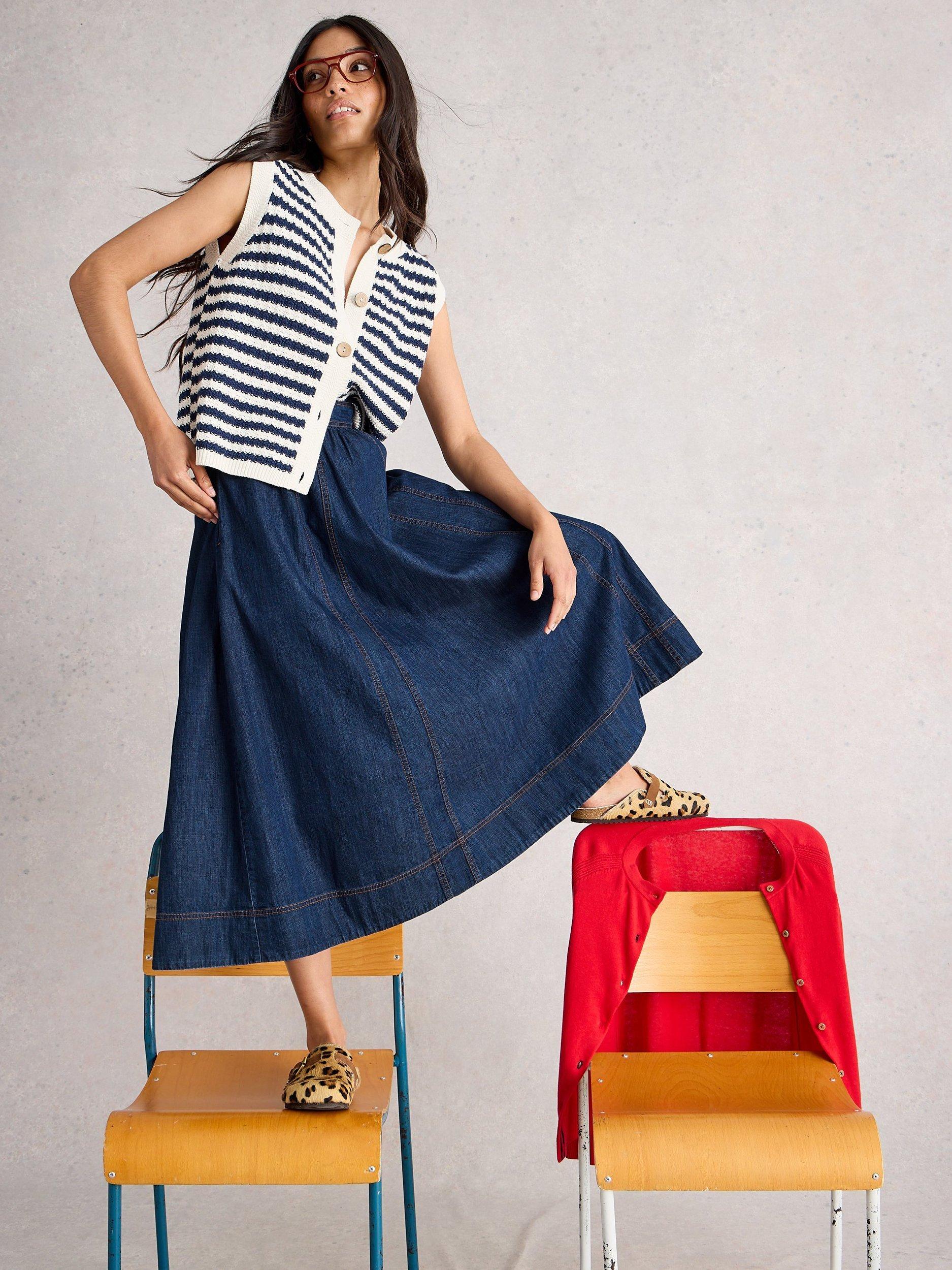 Product image 3 of 6, which shows White Stuff Leo Denim Midi Skirt, Dark Blue, 20