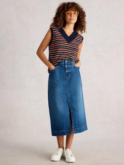 White Stuff Tia Cotton Blend A Line Midi Skirt, Mid Blue