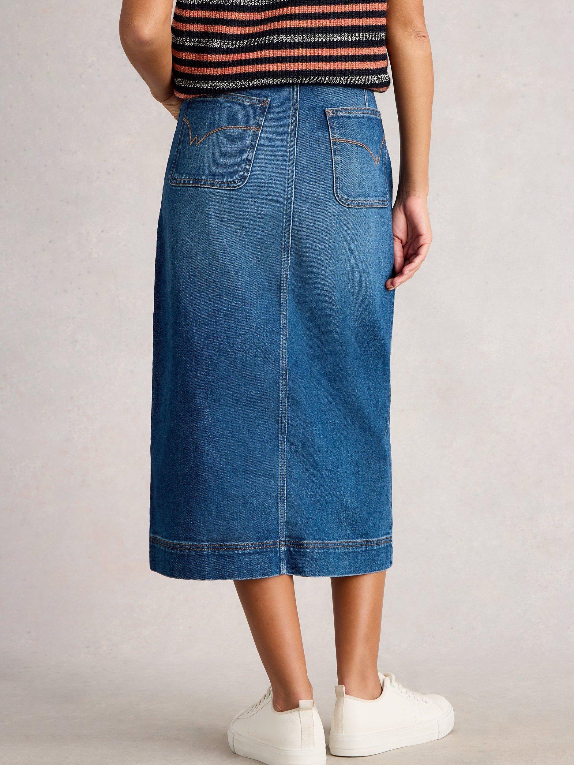 Product image 2 of 6, which shows White Stuff Tia Cotton Blend A Line Midi Skirt, Mid Blue, 6