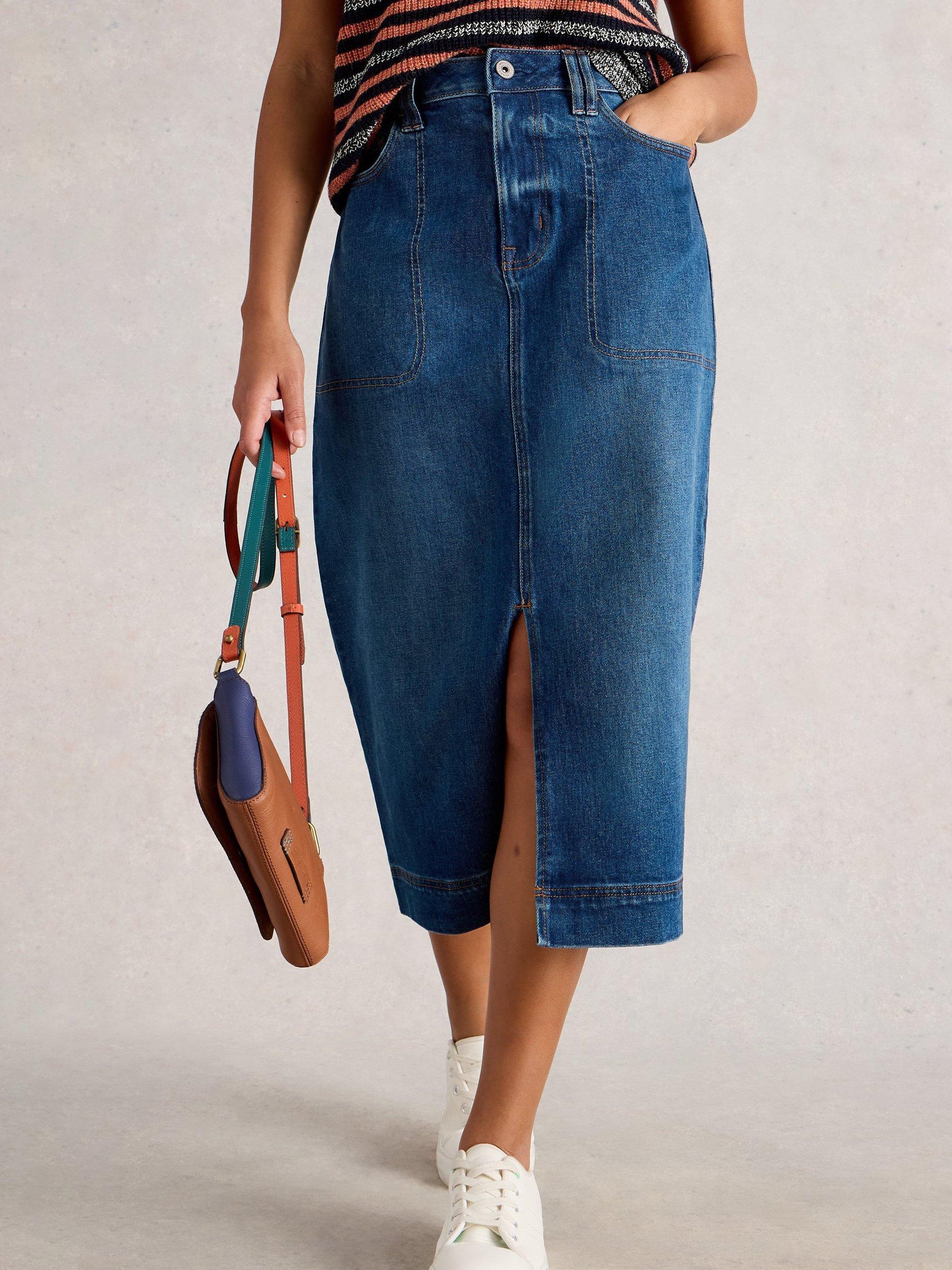 Product image 4 of 6, which shows White Stuff Tia Cotton Blend A Line Midi Skirt, Mid Blue, 6