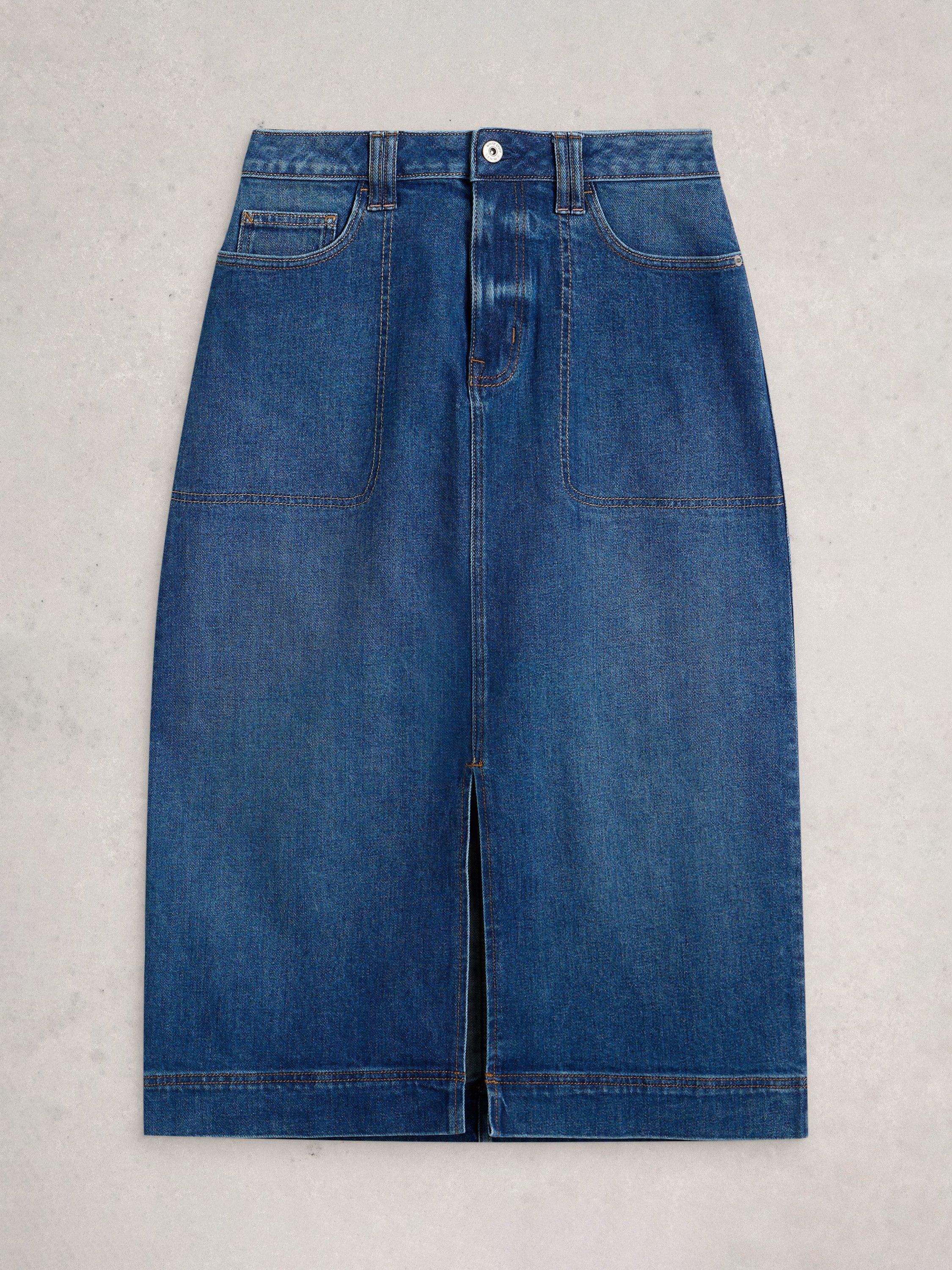 Product image 5 of 6, which shows White Stuff Tia Cotton Blend A Line Midi Skirt, Mid Blue, 6