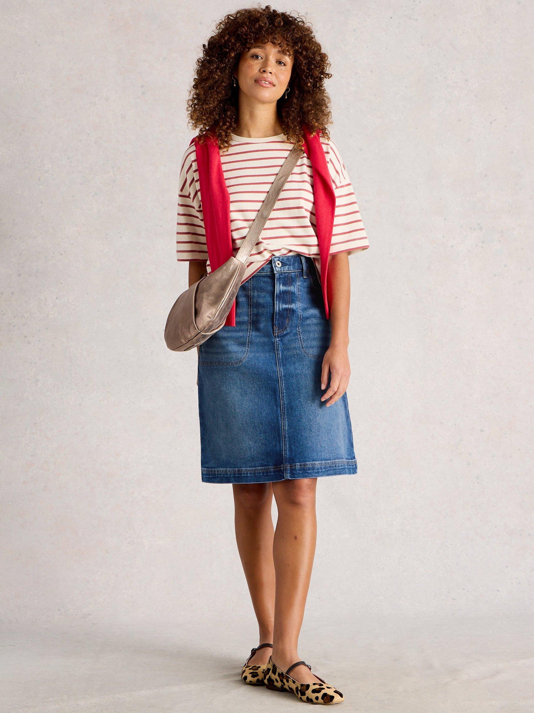 Product image 1 of 6, which shows White Stuff Tia Cotton Blend A Line Denim Skirt, Mid Blue, 6