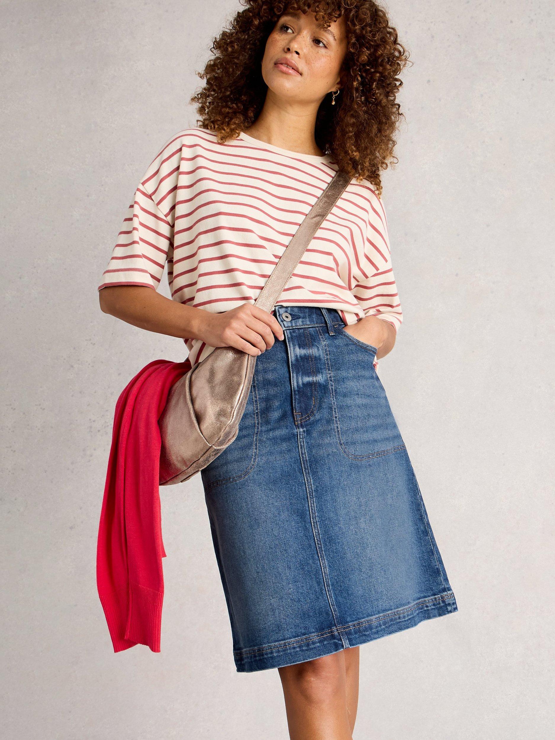 Product image 3 of 6, which shows White Stuff Tia Cotton Blend A Line Denim Skirt, Mid Blue, 6