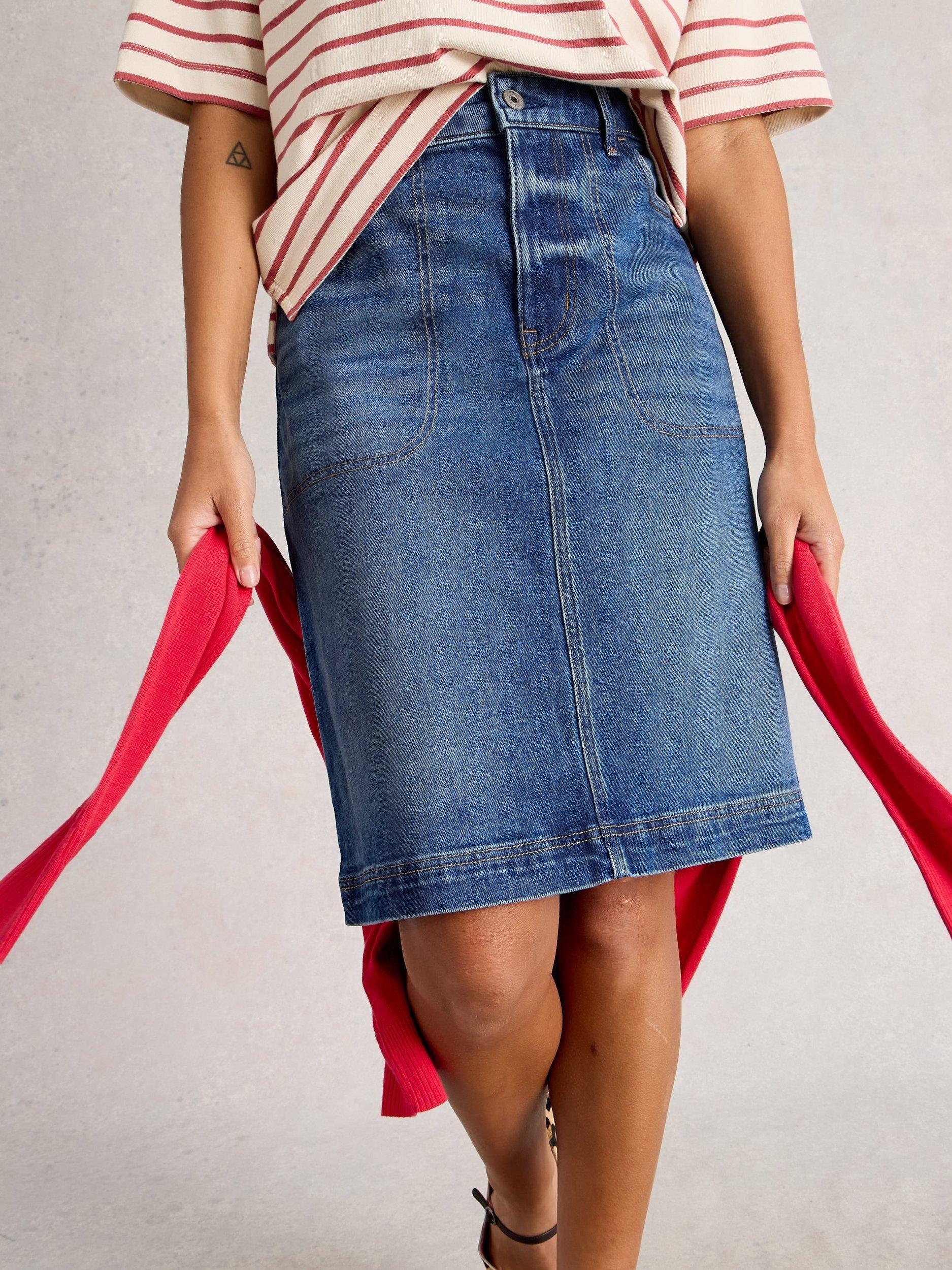 Product image 4 of 6, which shows White Stuff Tia Cotton Blend A Line Denim Skirt, Mid Blue, 6