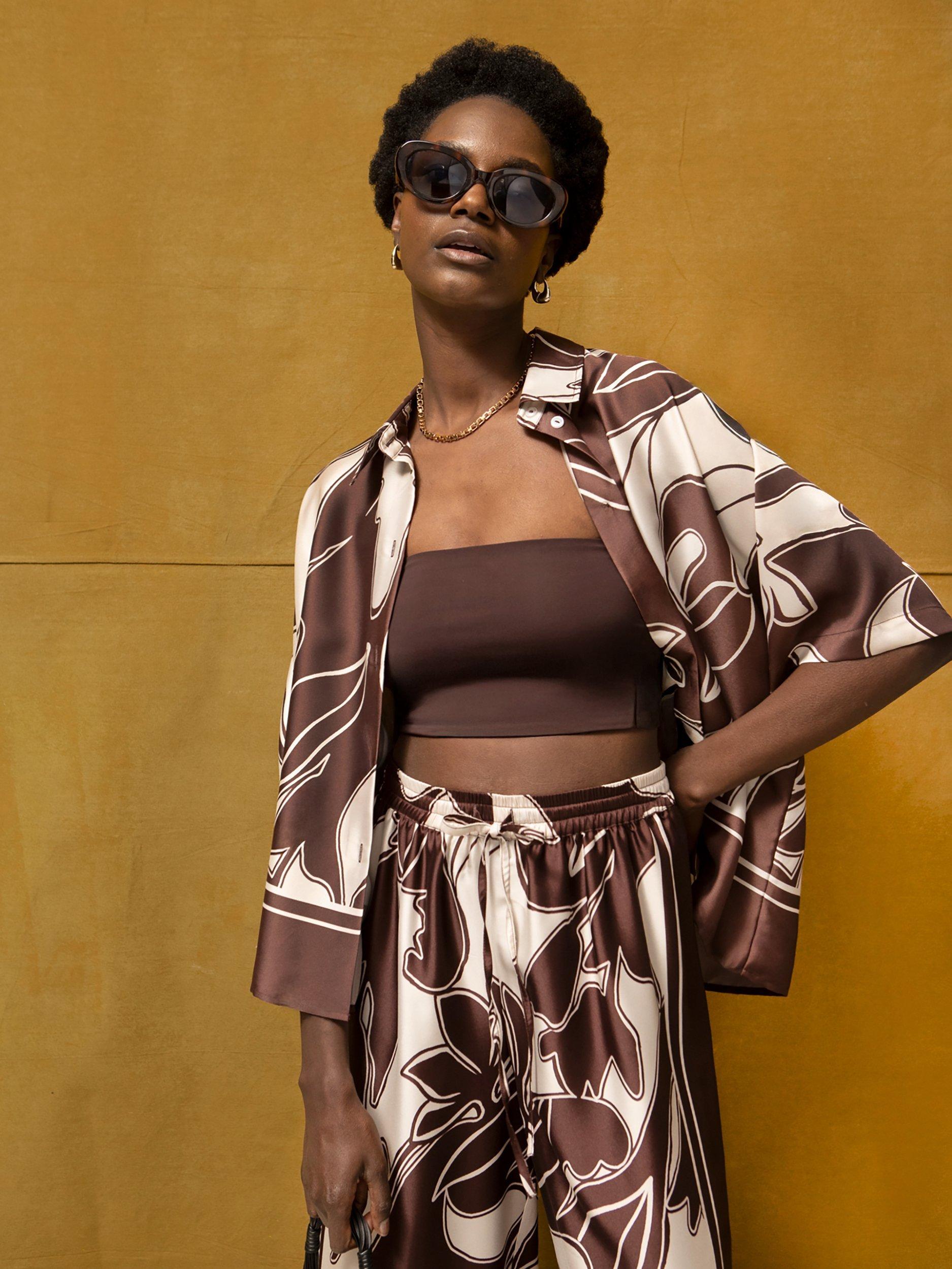 Product image 1 of 5, which shows Ro&Zo Swirl Print Co-ord Shirt, Brown, 6