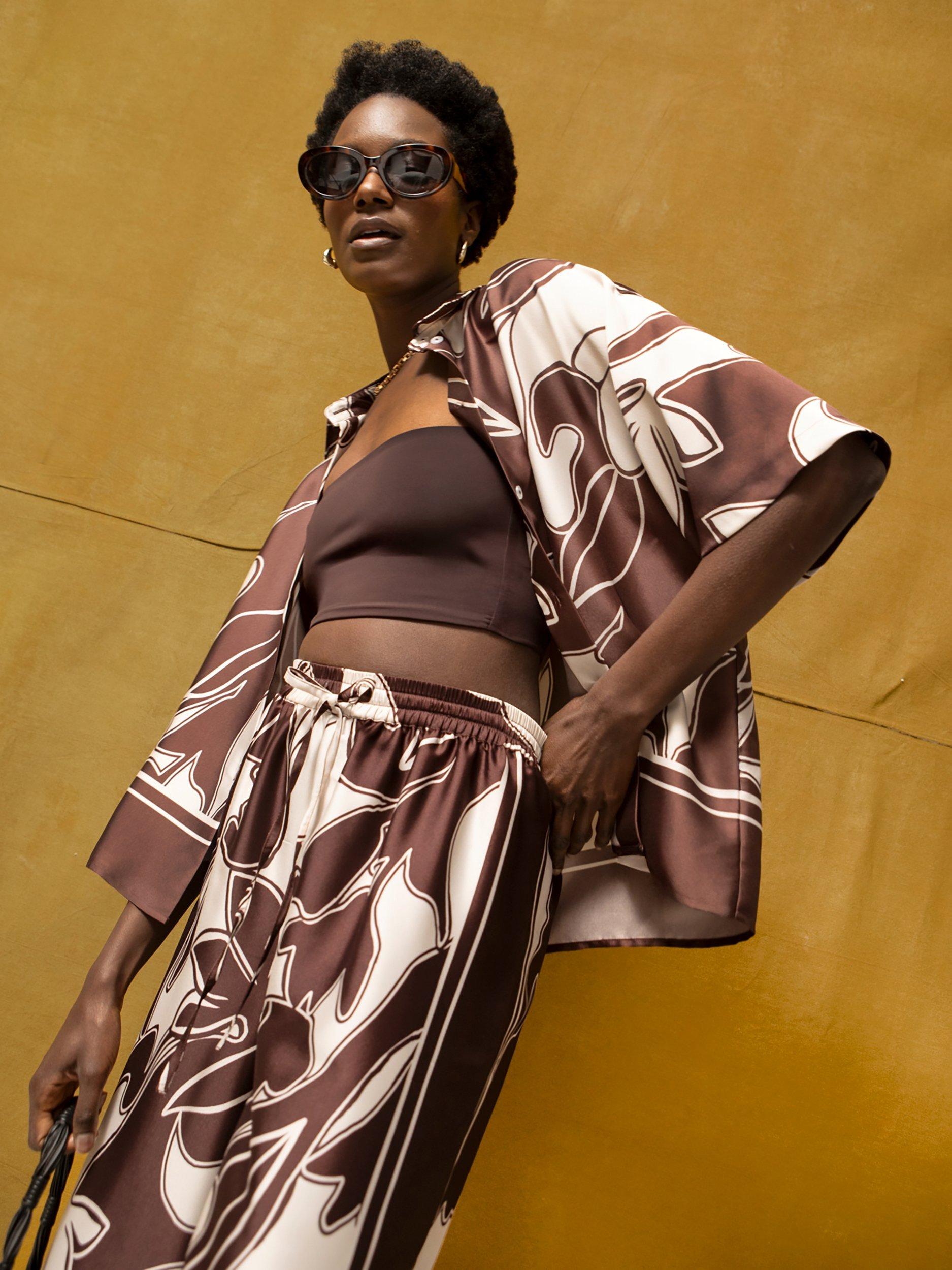 Product image 3 of 5, which shows Ro&Zo Swirl Print Co-ord Shirt, Brown, 6