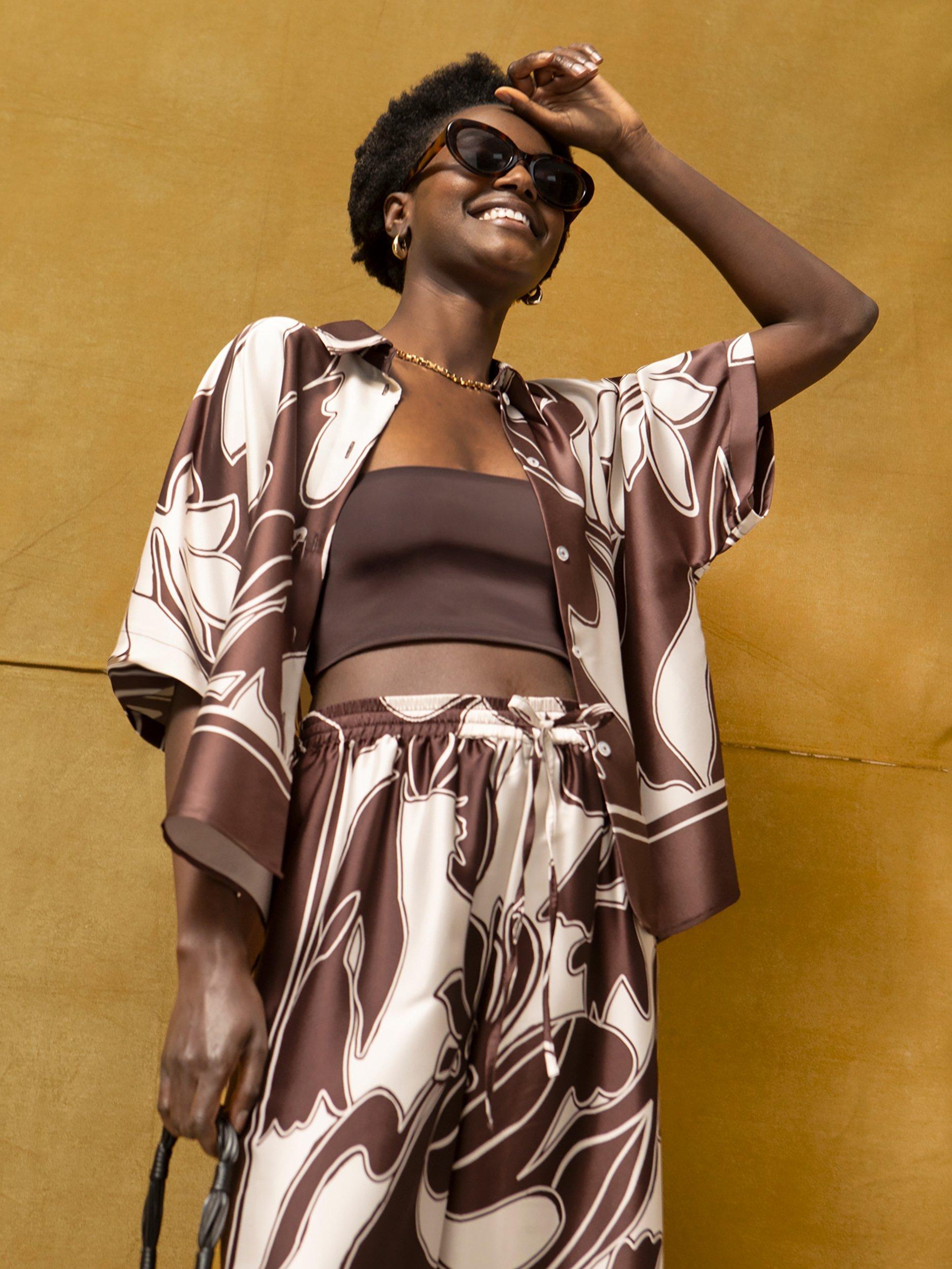 Product image 4 of 5, which shows Ro&Zo Swirl Print Co-ord Shirt, Brown, 6