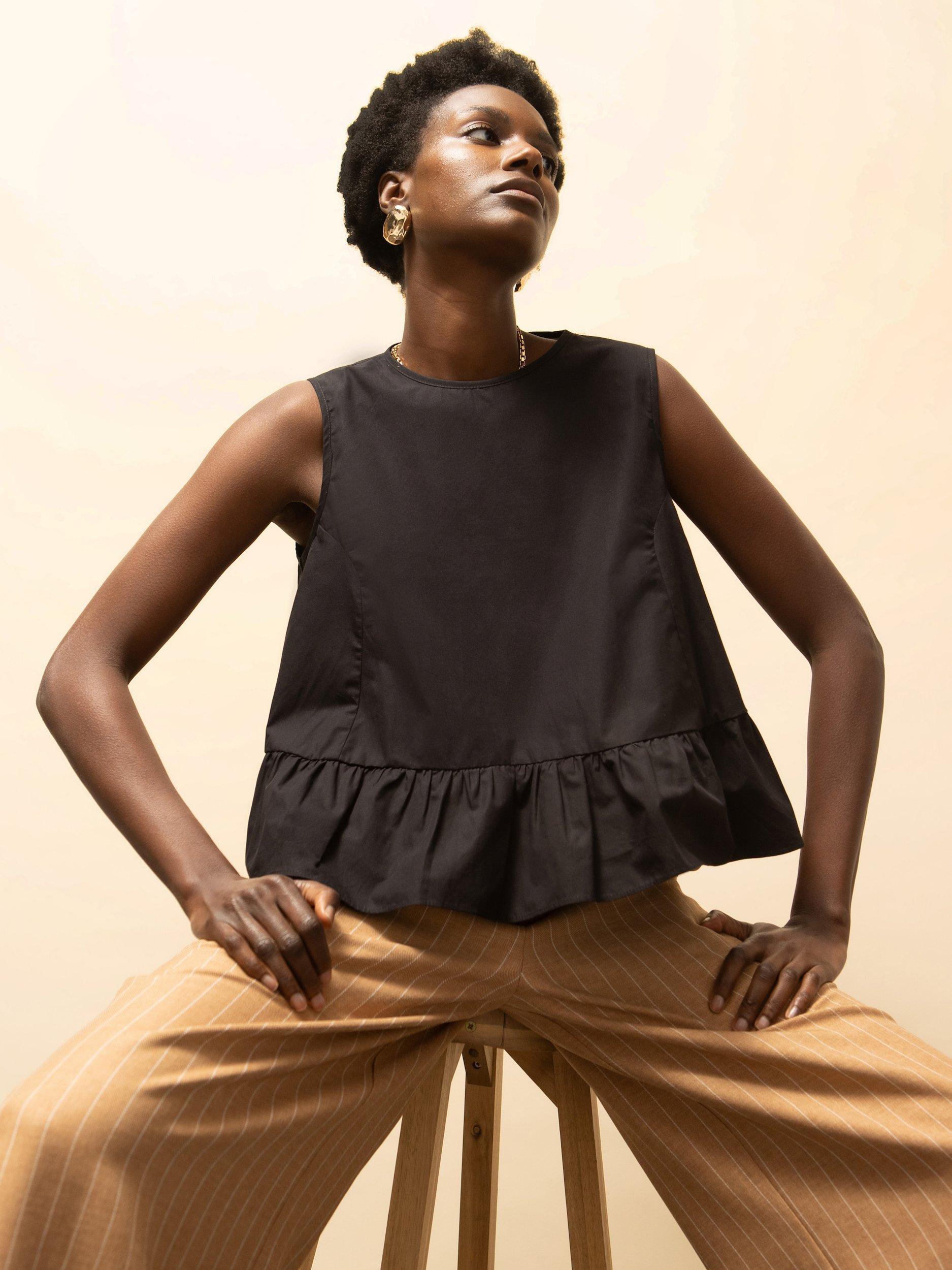 Product image 1 of 6, which shows Ro&Zo Frill Hem Sleeveless Top, Black, 6