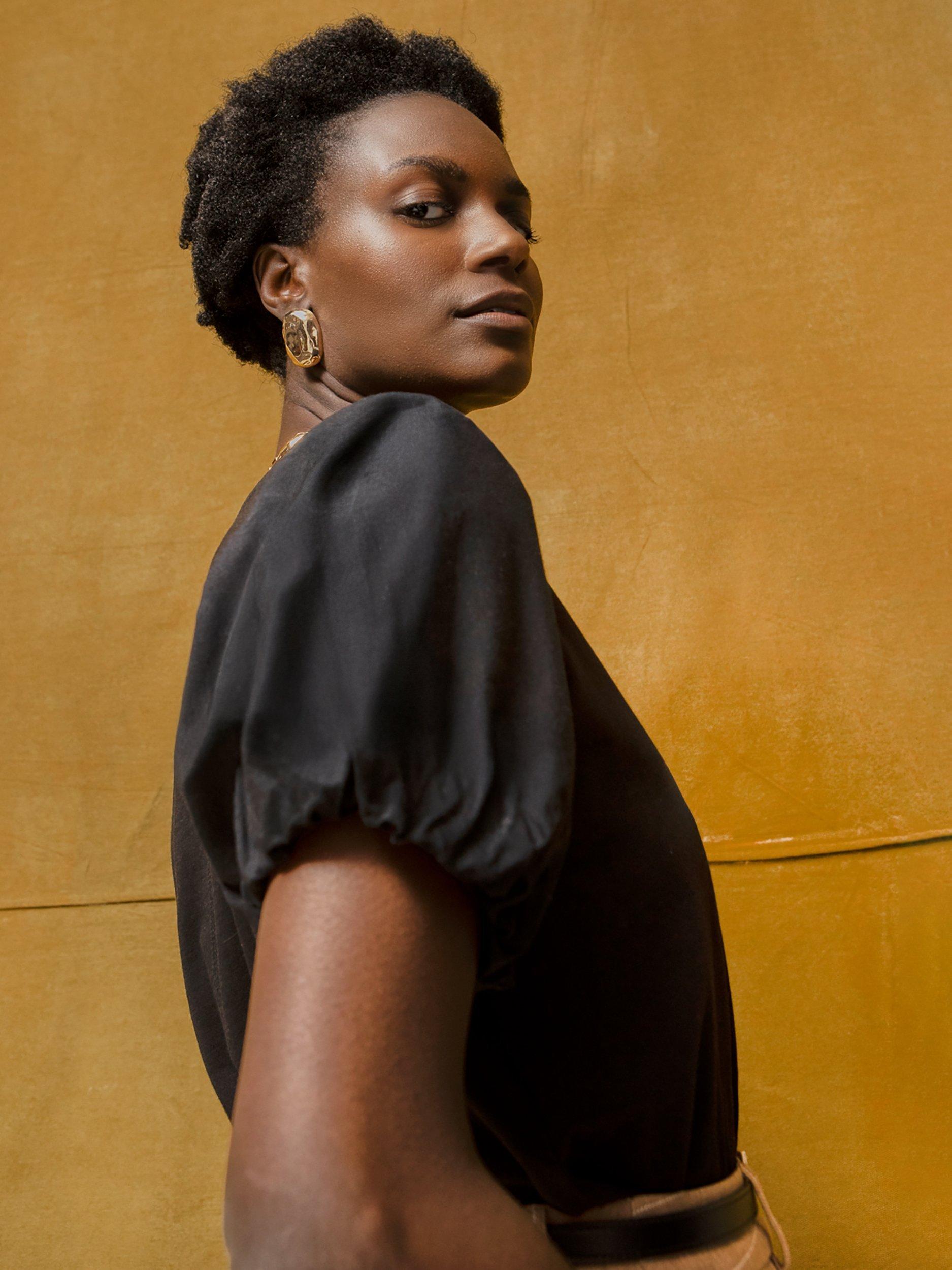 Product image 2 of 5, which shows Ro&Zo Puff Sleeve Pure Cotton T-Shirt, Black, XS